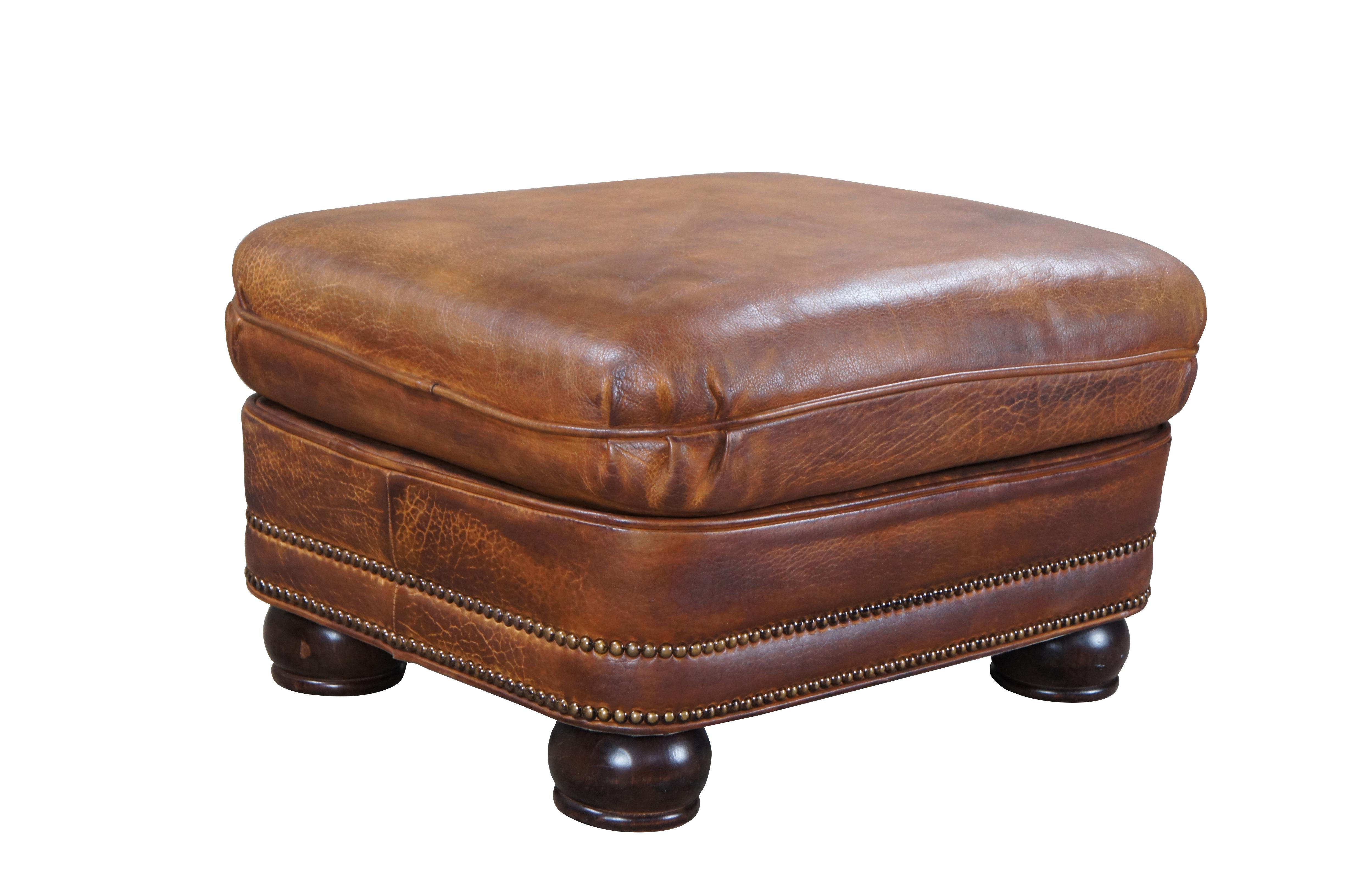 2 Vintage Hancock & Moore Austin Brown Leather Nailhead Ottomans Footstool Pair In Good Condition For Sale In Dayton, OH