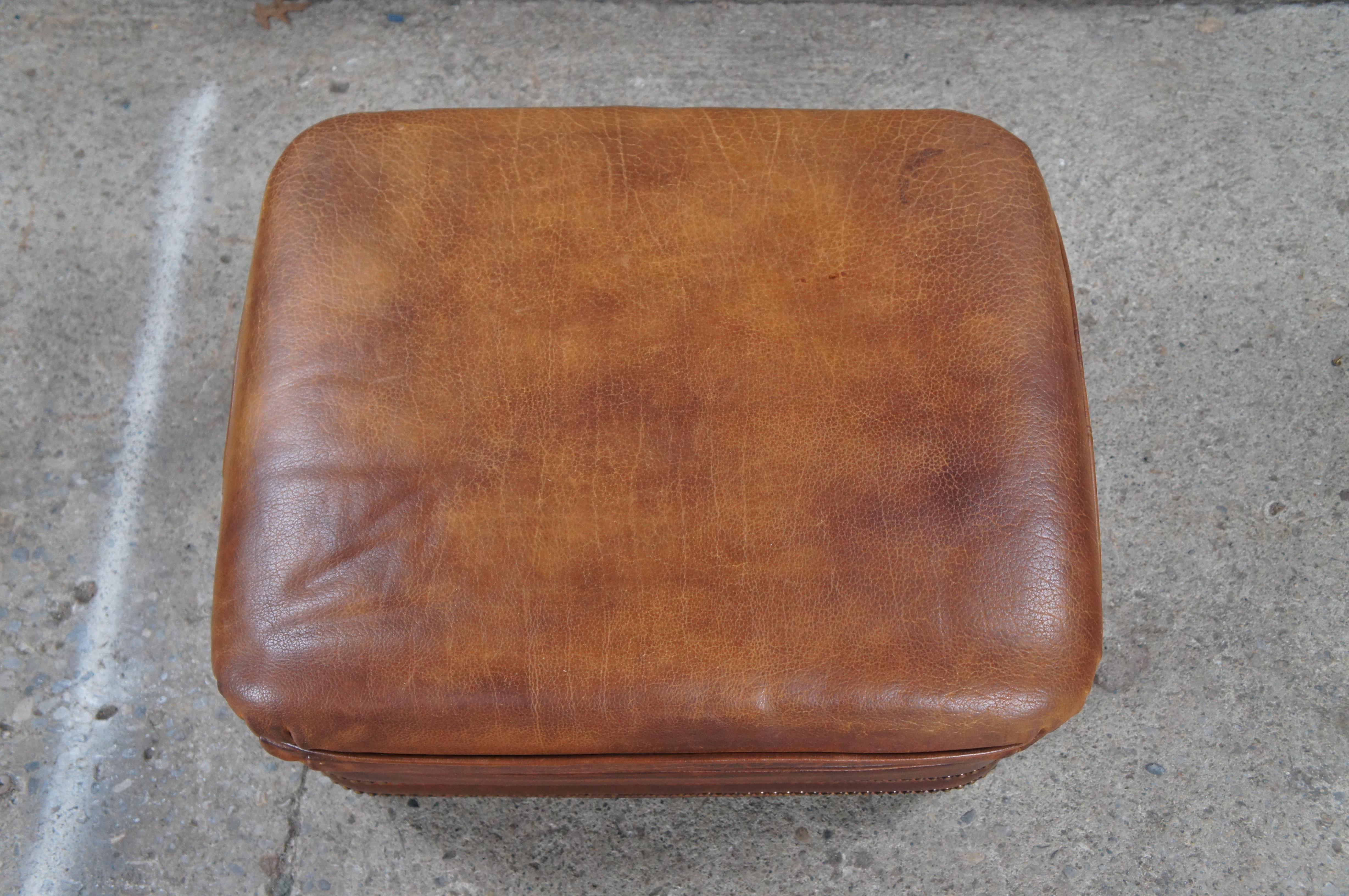 20th Century 2 Vintage Hancock & Moore Austin Brown Leather Nailhead Ottomans Footstool Pair For Sale