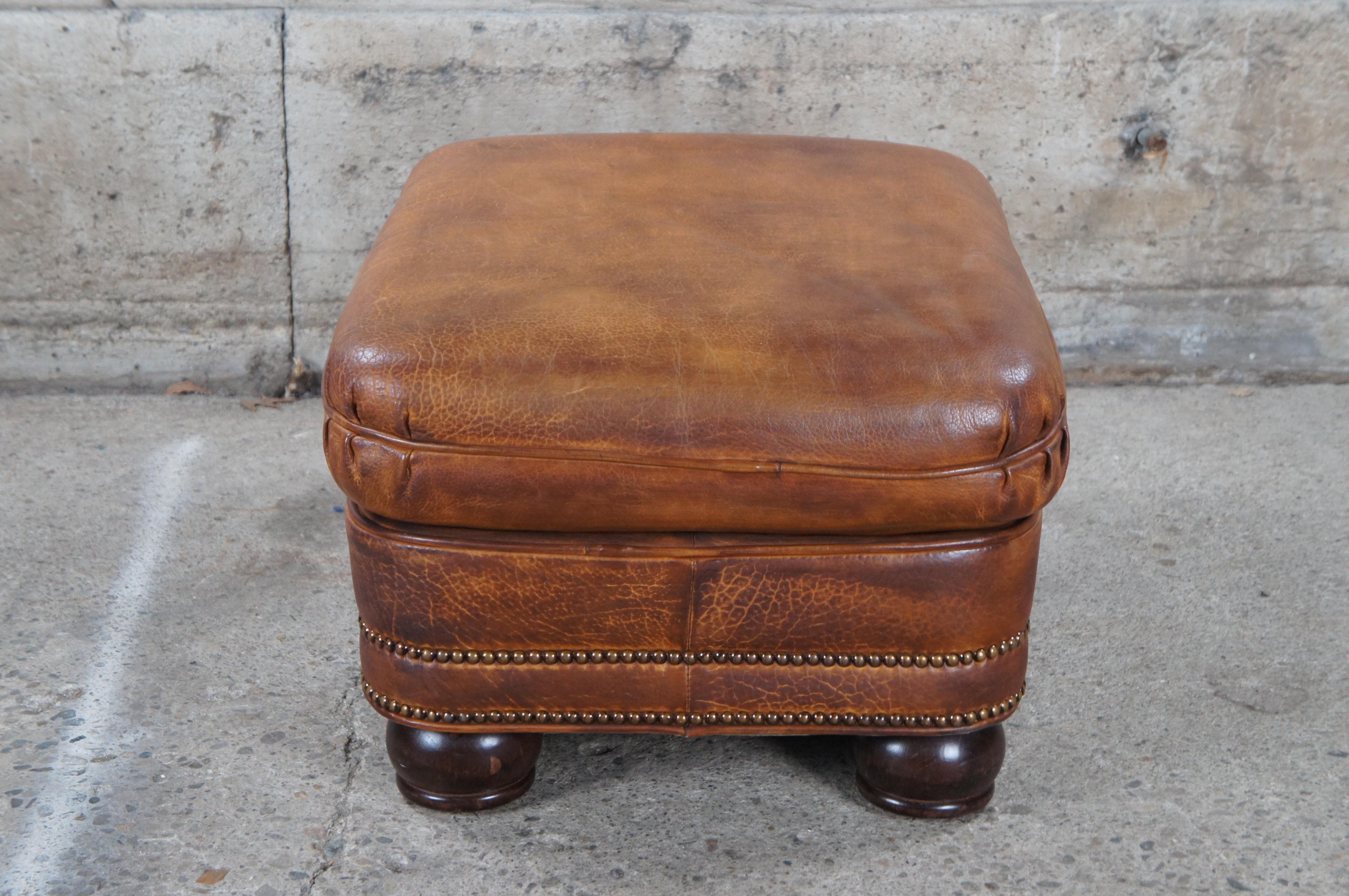 2 Vintage Hancock & Moore Austin Brown Leather Nailhead Ottomans Footstool Pair For Sale 1