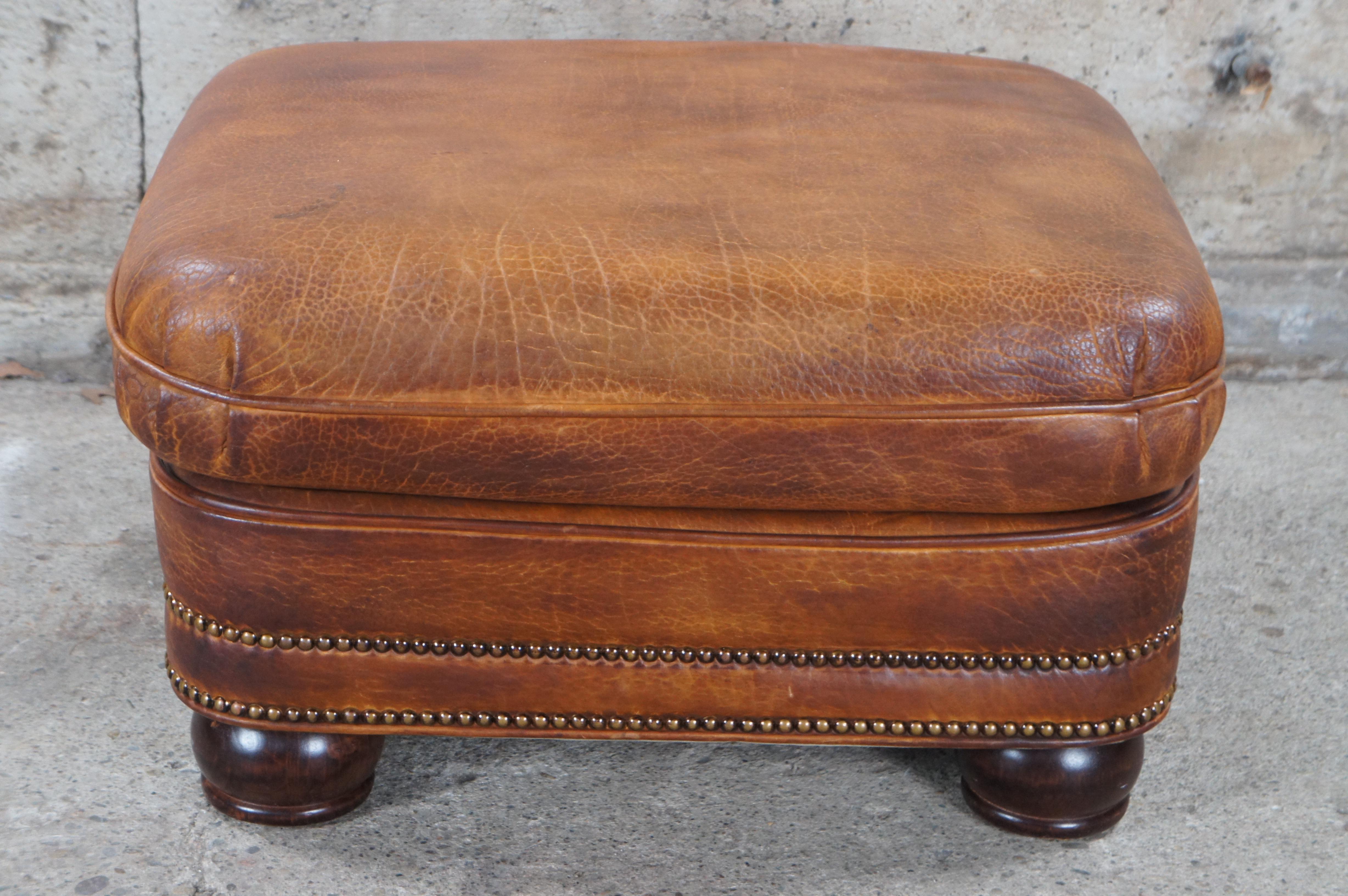 2 Vintage Hancock & Moore Austin Brown Leather Nailhead Ottomans Footstool Pair For Sale 2