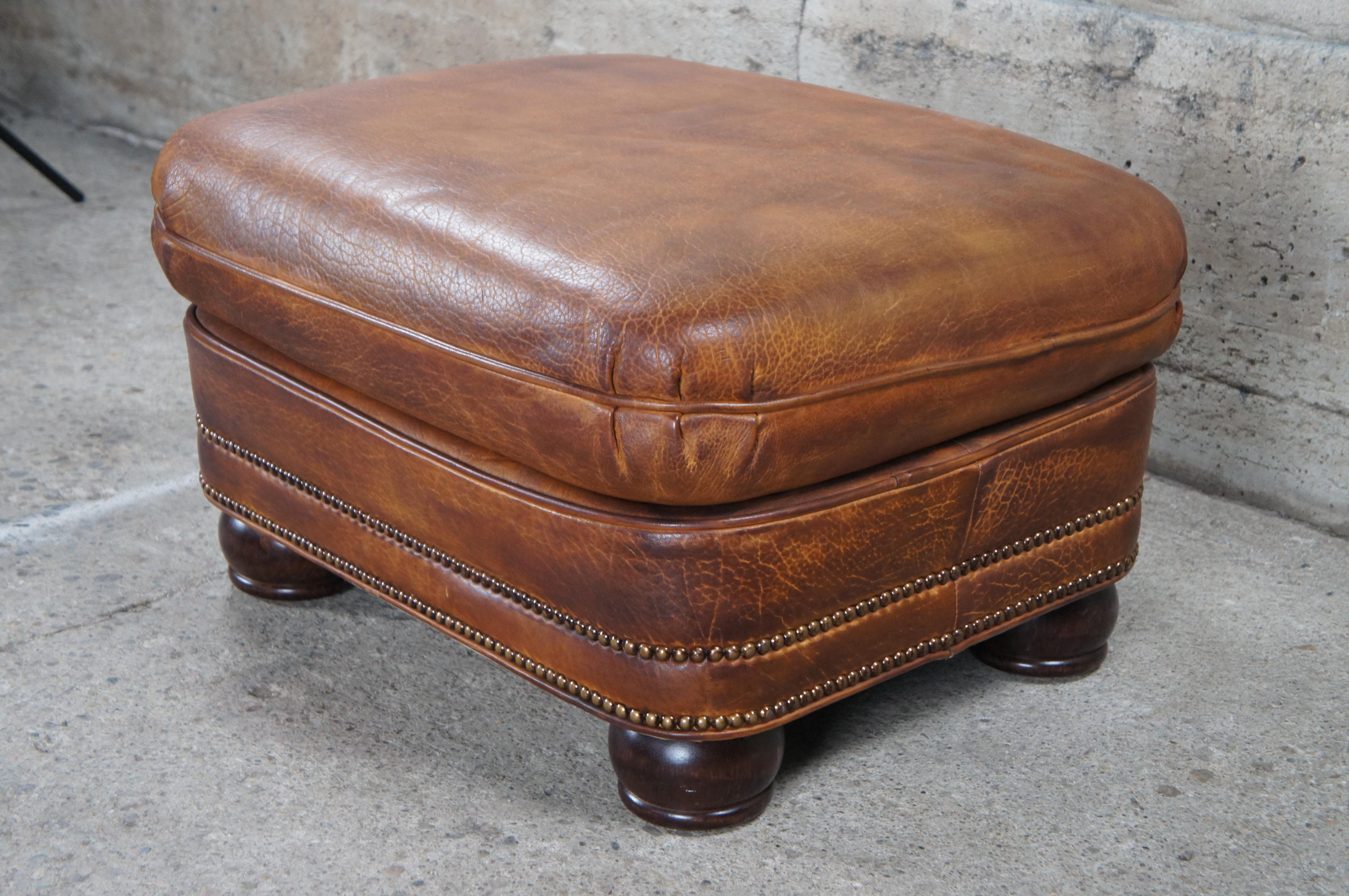 2 Vintage Hancock & Moore Austin Brown Leather Nailhead Ottomans Footstool Pair For Sale 3