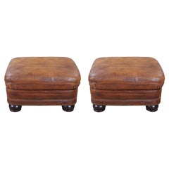 2 Used Hancock & Moore Austin Brown Leather Nailhead Ottomans Footstool Pair