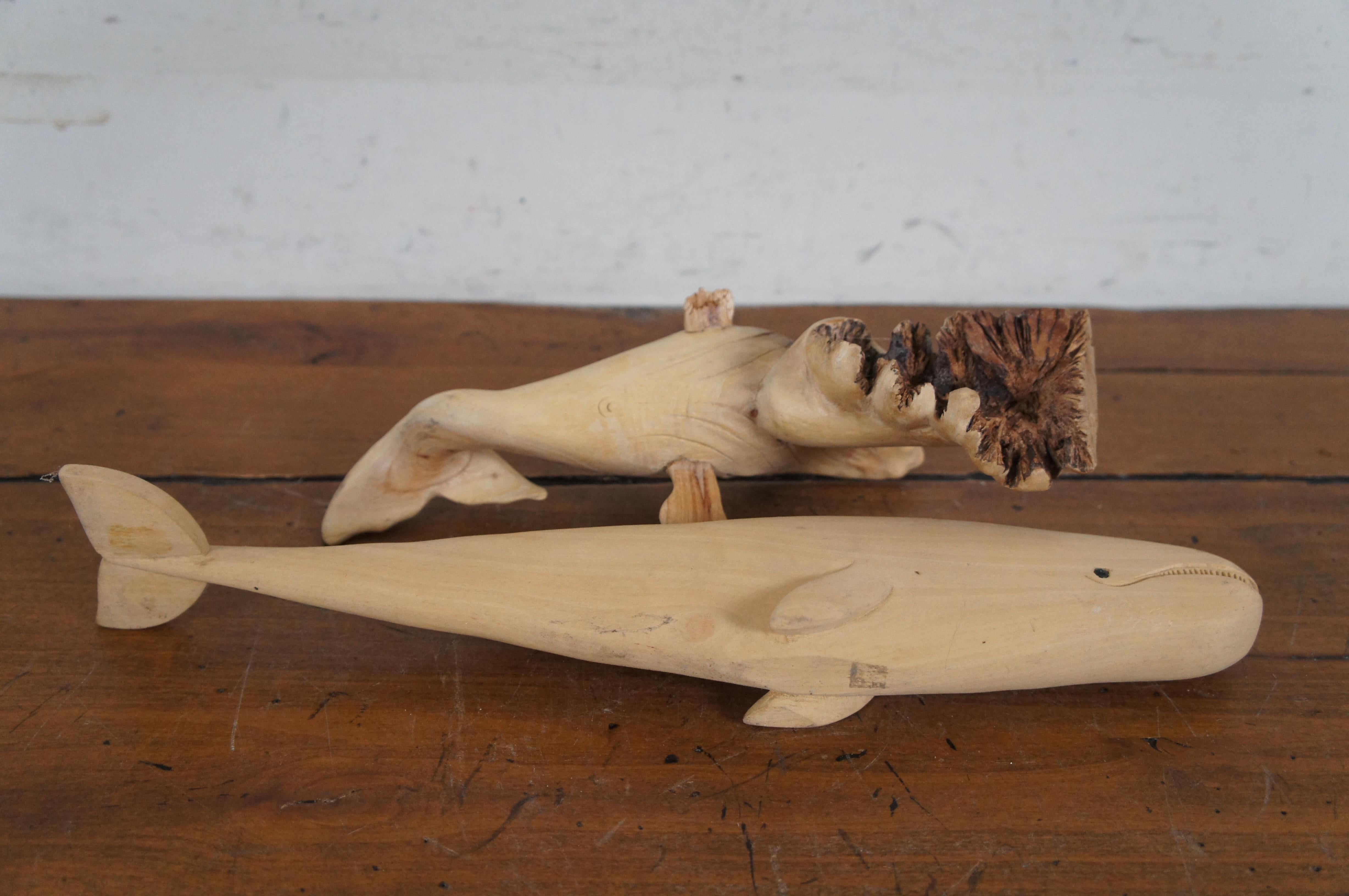 2 Vintage Hand Carved Teak Humpback & Sperm Whale Statues Sculpture Figurine 14