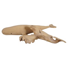 2 Vintage Hand Carved Teak Humpback & Sperm Whale Statues Sculpture Figurine 14"