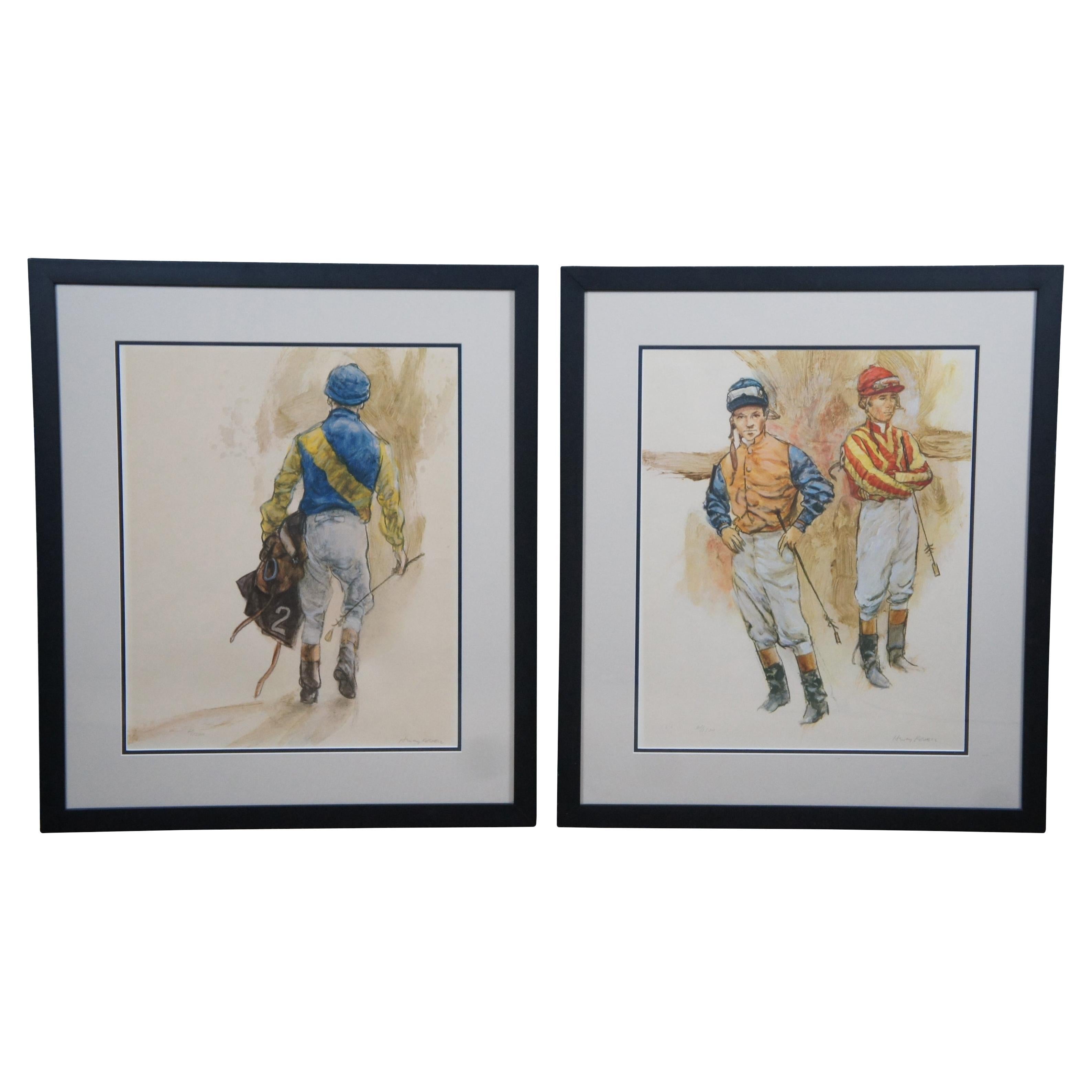 2 lithographies vintage signées Henry Koehler représentant des courses de chevaux équestres par Jockey Horse