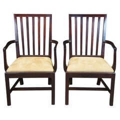 2 Vintage Hickory Chair Mahogany Slat Back Suede Dining Accent Arm Chairs Pair