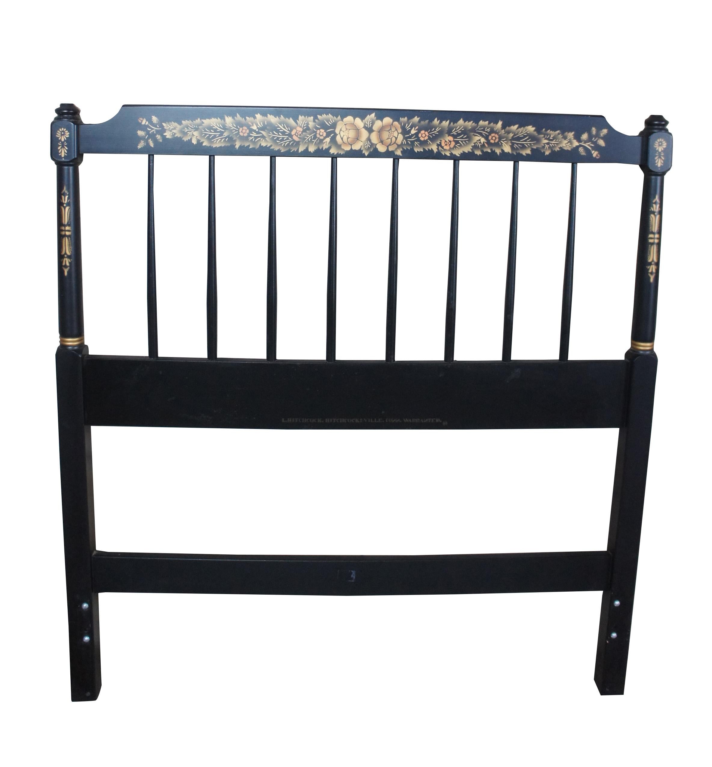 Two twin size Shaker style headboards by L. Hitchcock of Connecticut. Part of the Black Harvest collection with stenciled back and gold accents on side support. Can be used as twins or can be put together to make one king.
   