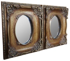 2 Vintage Italian Baroque Revival Small Gold Gilded Oval Mirrors Ornate Pair