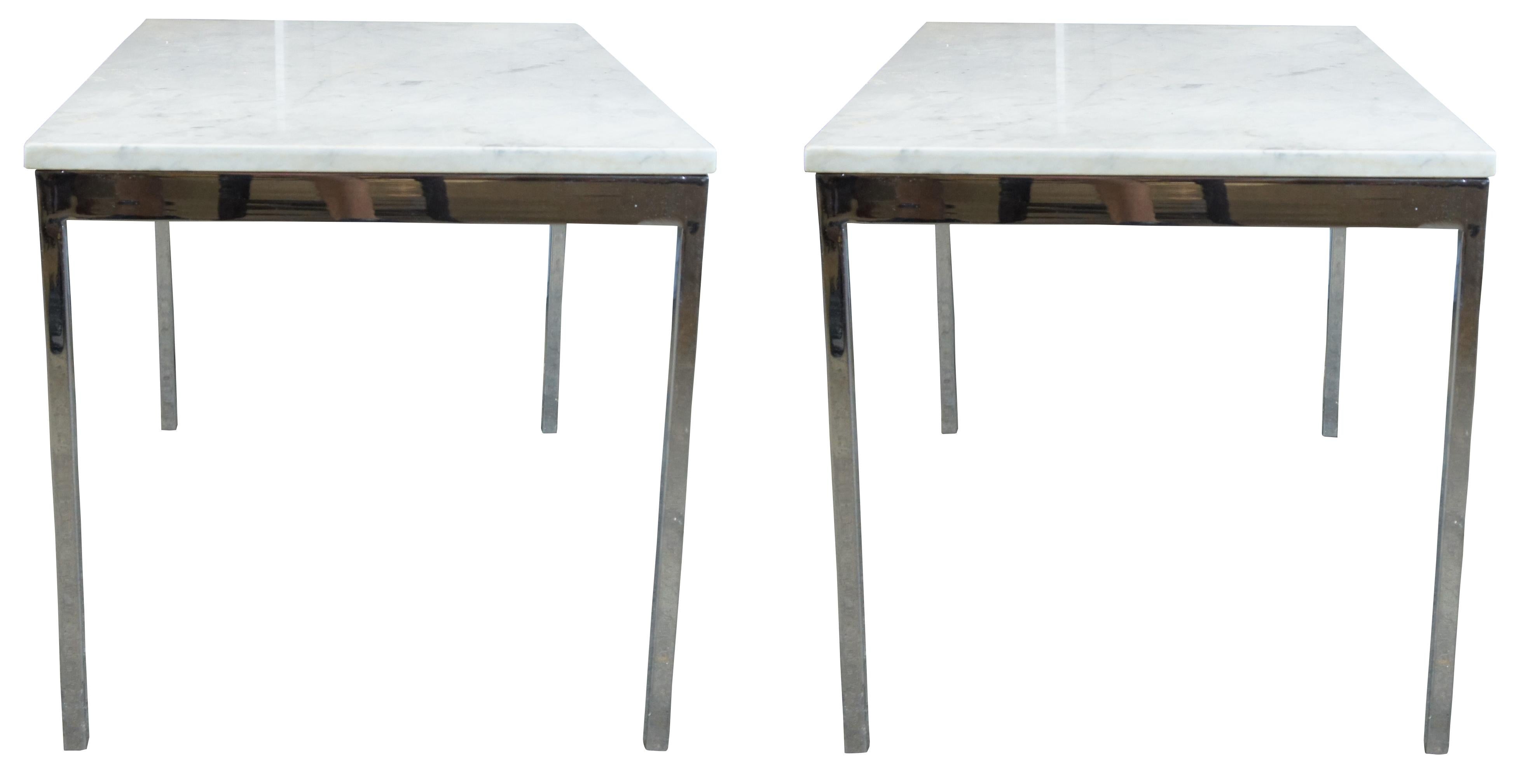 A beautiful pair of Italian marble and chrome side tables, circa 1970s. Inspired by the Florence Knoll end table that was designed to furnish the new interiors of postwar America. Scaled-down geometric lines, translating to the gestures and