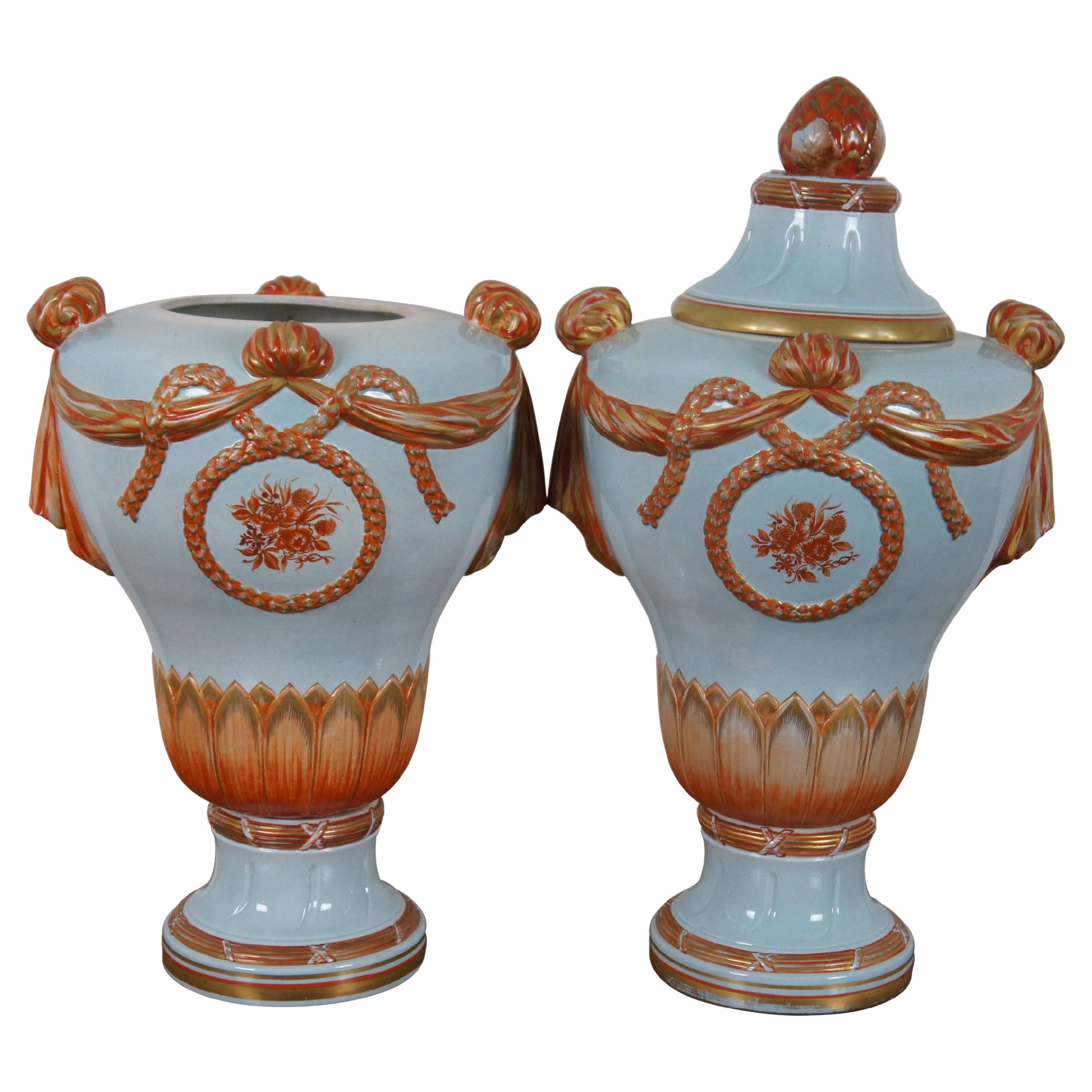 2 Vintage Italian Neoclassical Mottahedeh Lowestoft Mantel Vases Urns 17"
