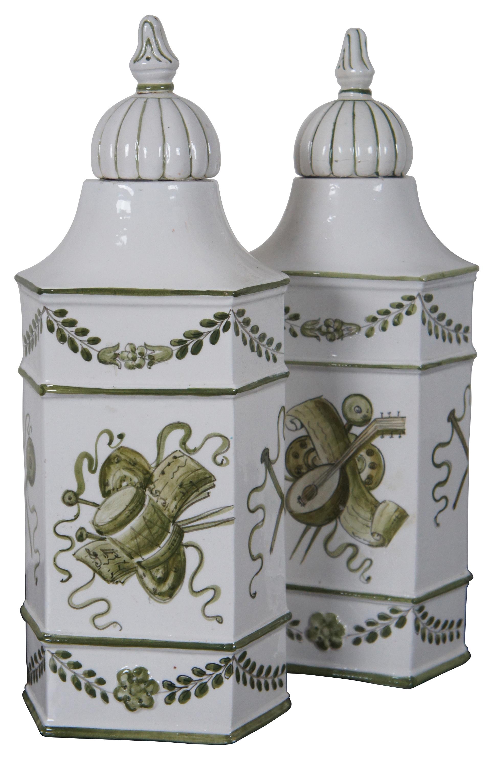 2 Vintage Italian Porcelain Lidded Mantel Jars Vases Pair Green Instruments In Good Condition In Dayton, OH