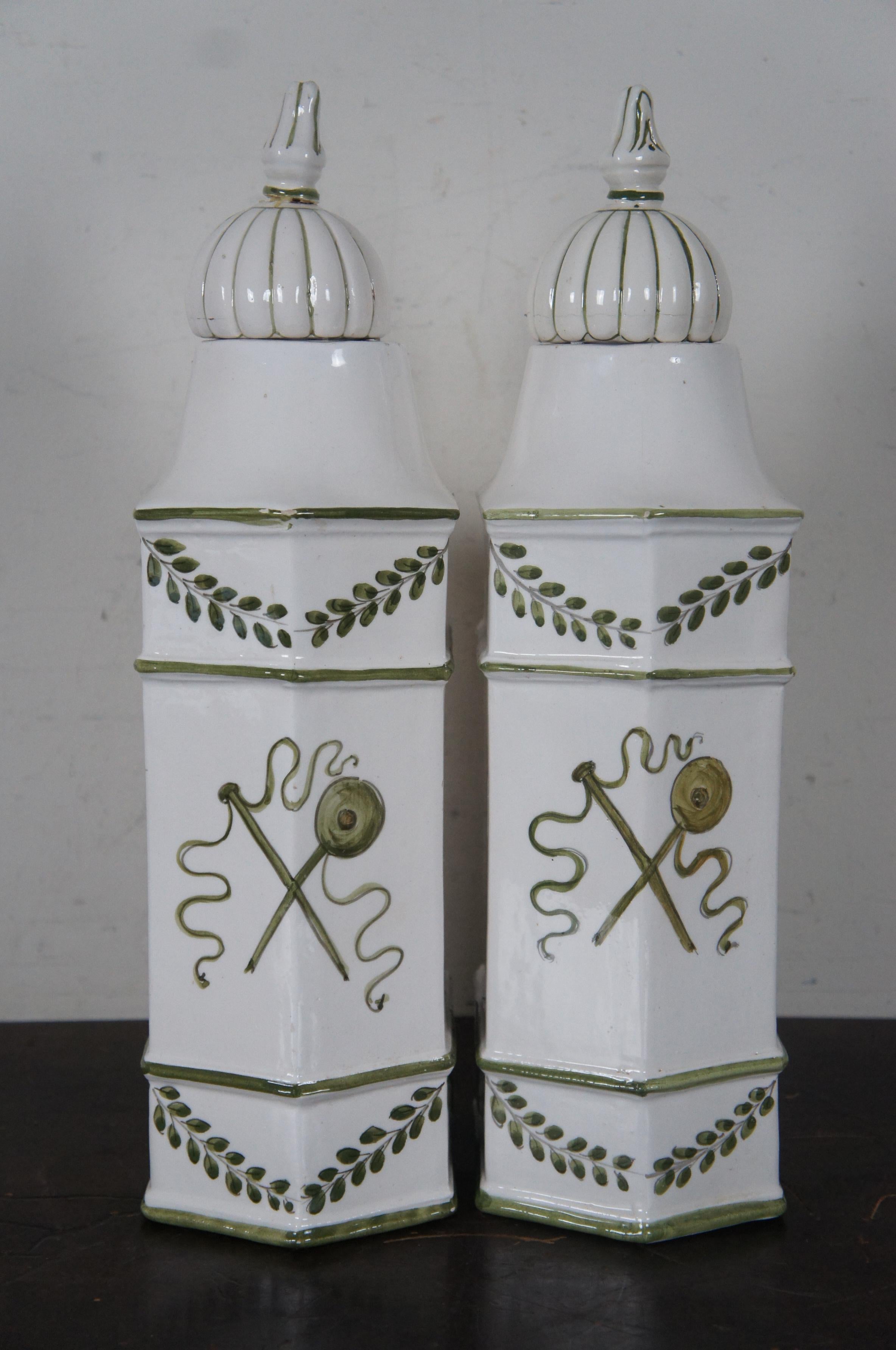 20th Century 2 Vintage Italian Porcelain Lidded Mantel Jars Vases Pair Green Instruments