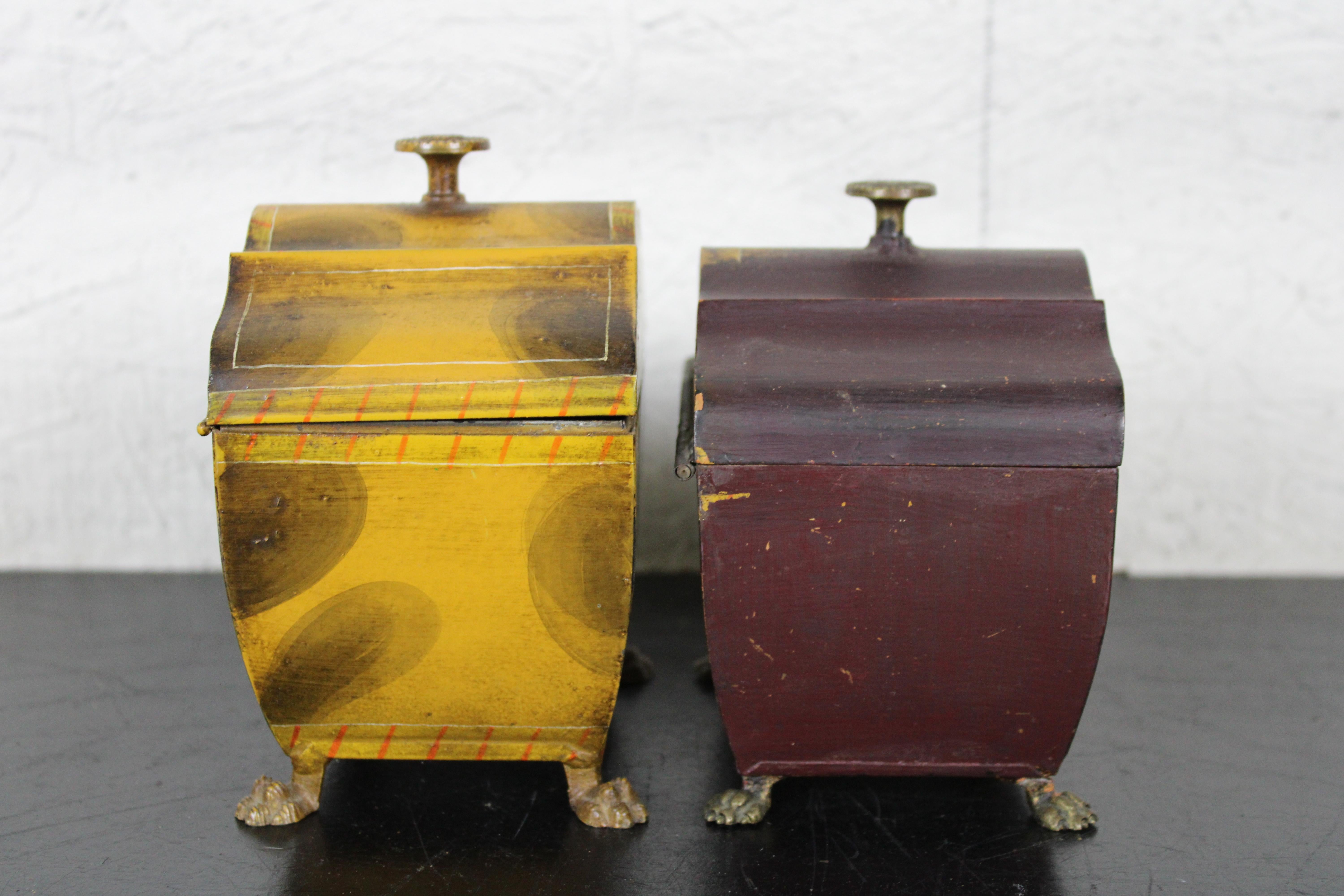 Victorian 2 Vintage Italian Toleware Painted Metal Tea Caddy Footed Trinket Box Cannisters For Sale