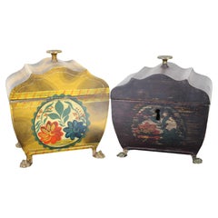 2 Retro Italian Toleware Painted Metal Tea Caddy Footed Trinket Box Cannisters