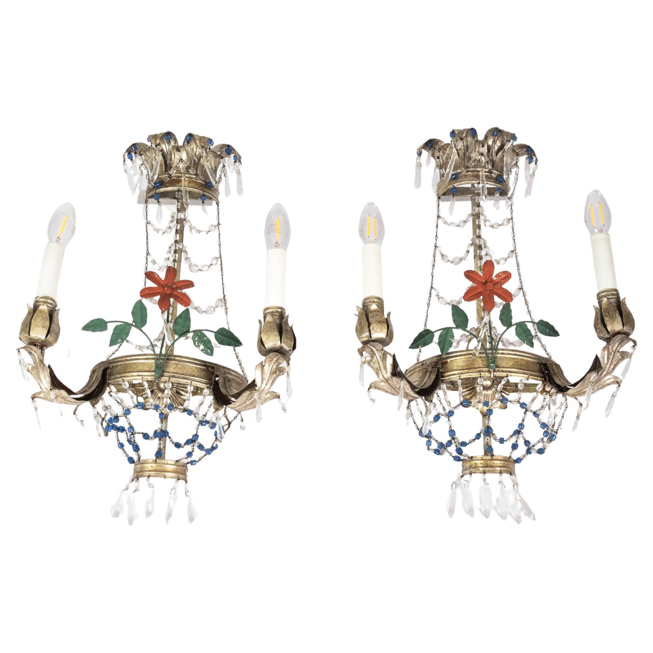 2 appliques d'epoca in metallo e vetro, stile Luigi XVI, Banci in vendita