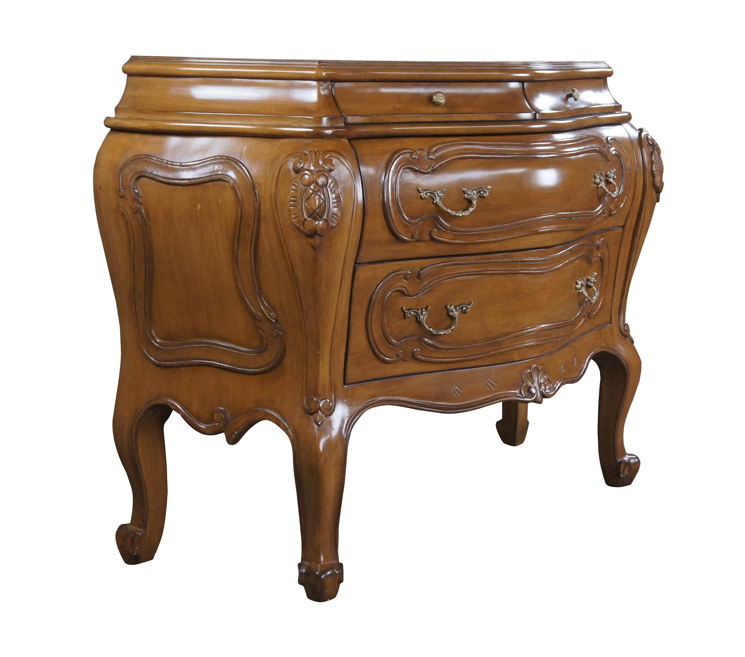 French Provincial 2 Vintage Italian Walnut Serpentine Bow Front Bombe Chests Commodes Nightstands For Sale