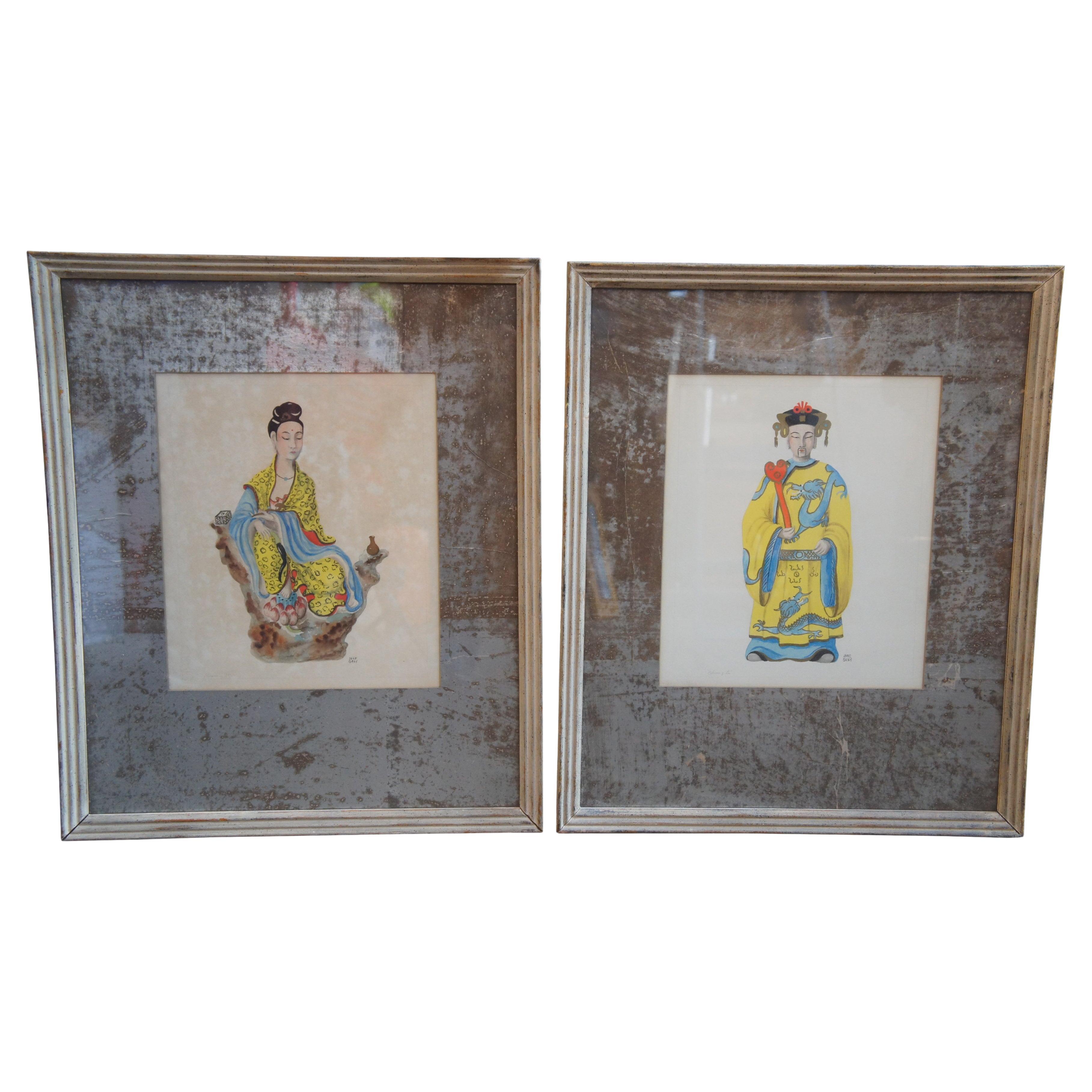 2 Vintage Jane Gray Chinese Kuan Yen & Chung Li Watercolor Portrait Paintings 24 For Sale