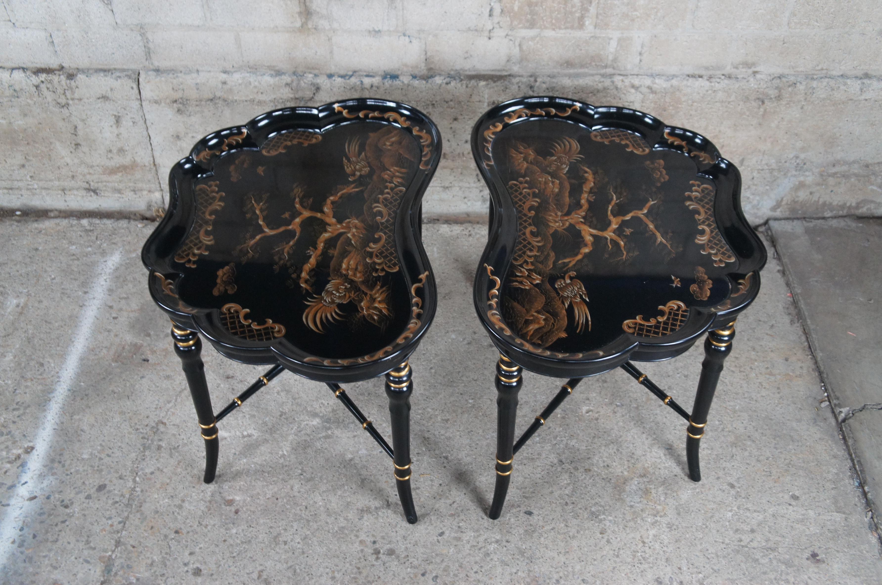 20th Century 2 Vintage Karges Black lacquer Regency Chinoiserie Butterfly Tea Tray Tables 30