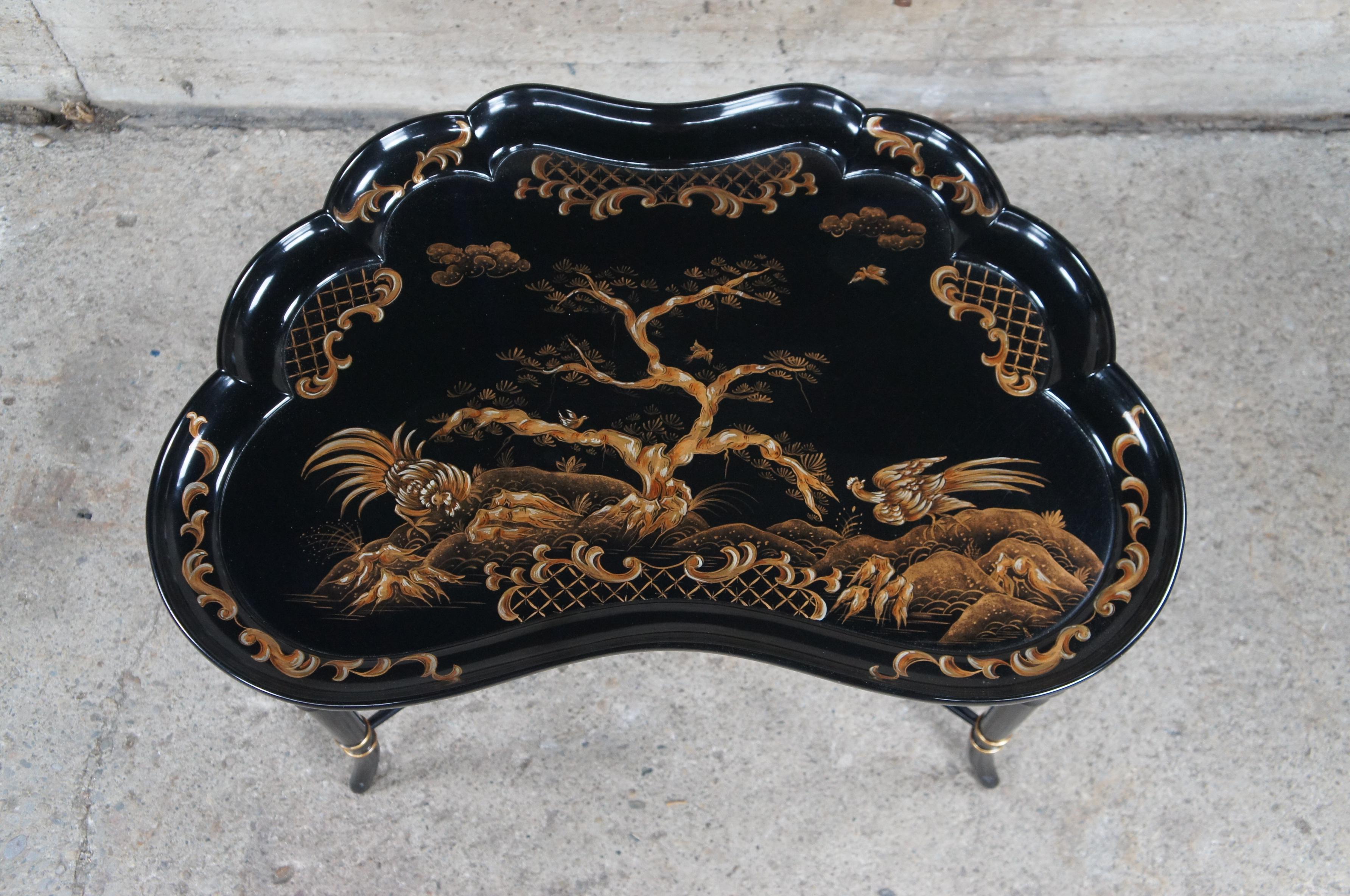 Faux Bamboo 2 Vintage Karges Black lacquer Regency Chinoiserie Butterfly Tea Tray Tables 30