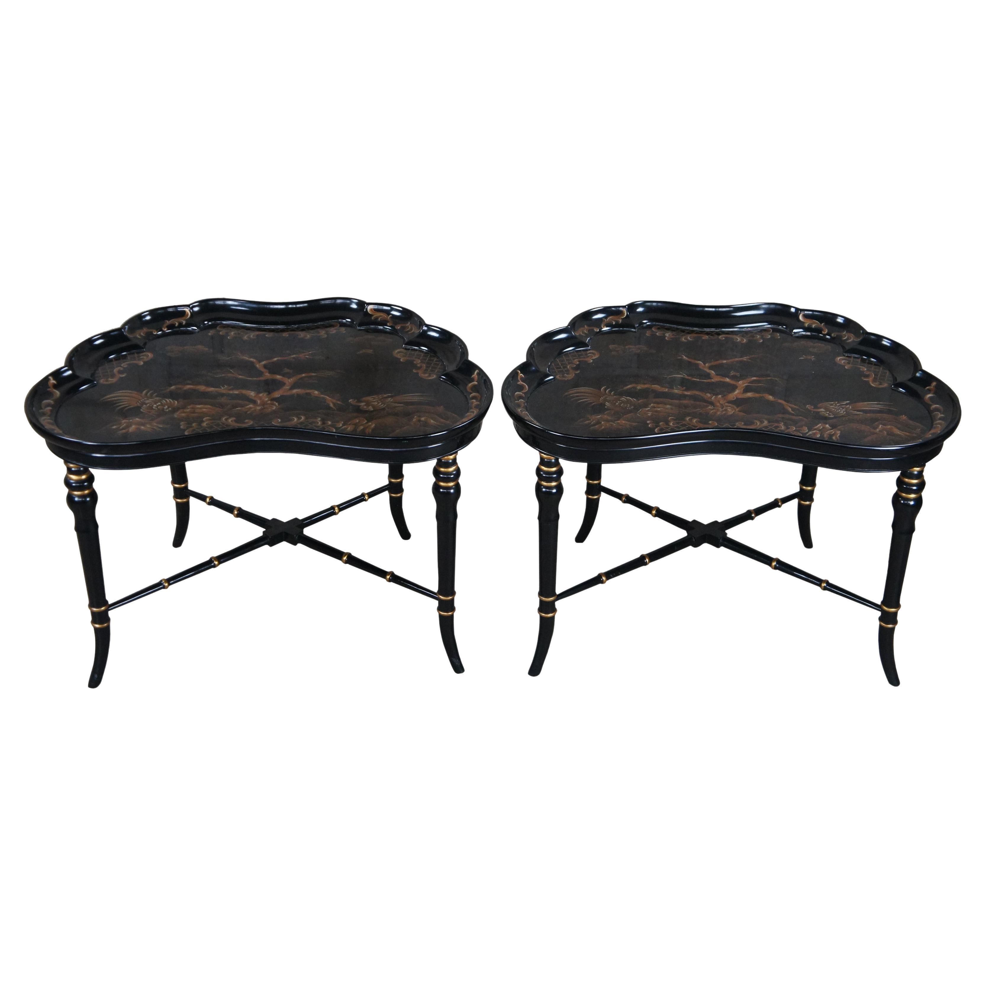 2 Vintage Karges Black lacquer Regency Chinoiserie Butterfly Tea Tray Tables 30"