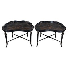 2 Vintage Karges Black lacquer Regency Chinoiserie Butterfly Tea Tray Tables 30"