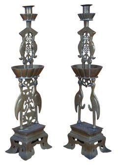 2 Vintage Korean Figural Brass Candlesticks Candle Holders Bird Stork Fish