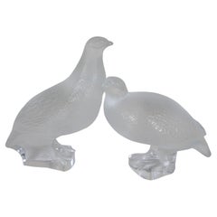 2 Vintage Lalique France Crystal Partridge Quail Bird Figurines 7"