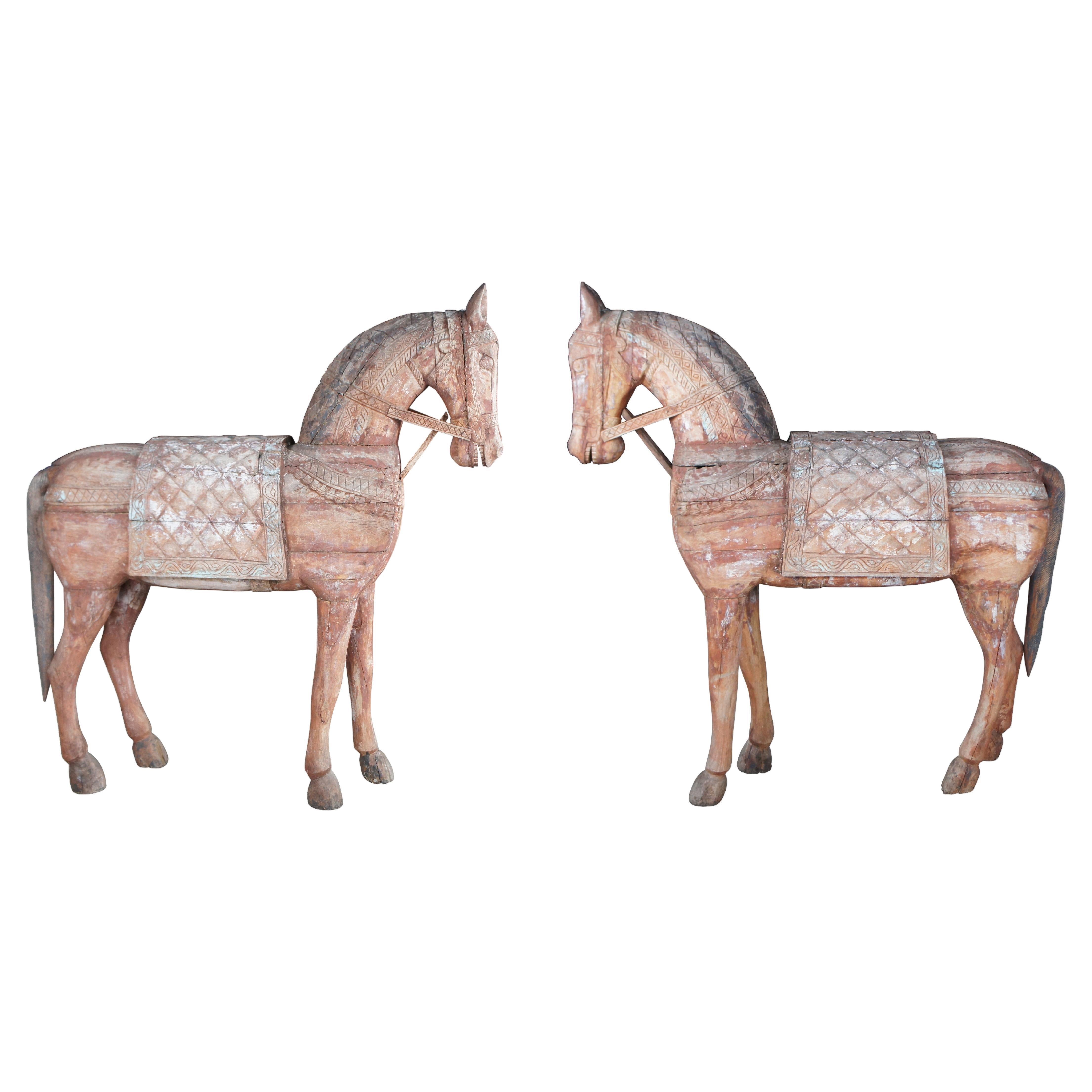 2 Vintage Lifesize Carved Wooden Equestrian Horse Sculptures Statues 76"
