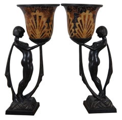 2 Vintage Maitland Smith Cast Bronze Art Deco Figural Mosaic Shade Lamps
