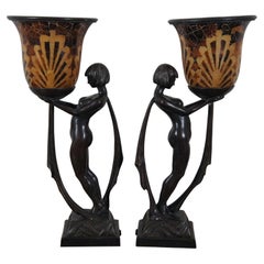 2 Vintage Maitland Smith Cast Bronze Art Deco Figural Mosaic Shade Lamps