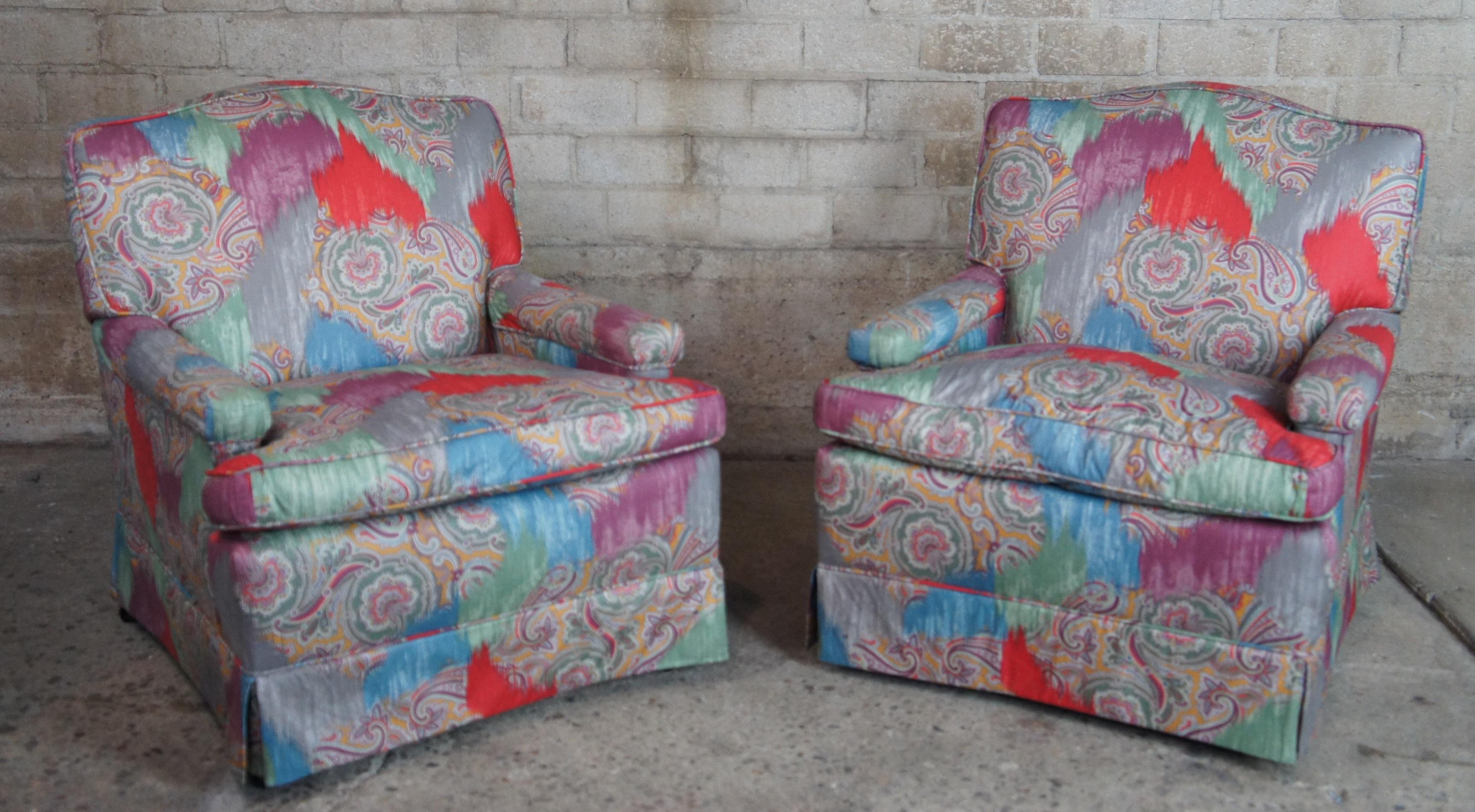 2 Vintage Mid Century Paisley Upholstered Club Arm Chairs Lounge Reading Accent 2