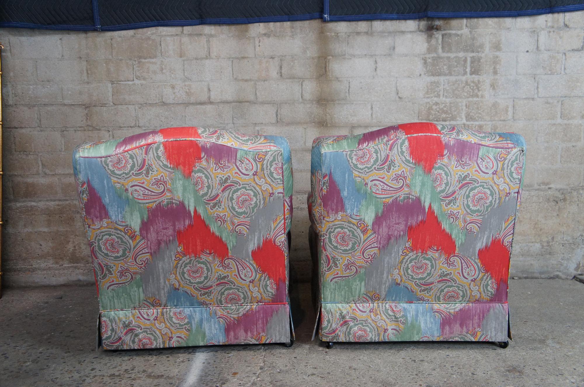 2 Vintage Mid Century Paisley Upholstered Club Arm Chairs Lounge Reading Accent 3