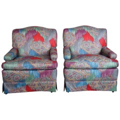 2 Vintage Mid Century Paisley Upholstered Club Arm Chairs Lounge Reading Accent