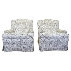 2 Vintage Mid Century White Floral Library Club Study Arm Accent Chairs Pair