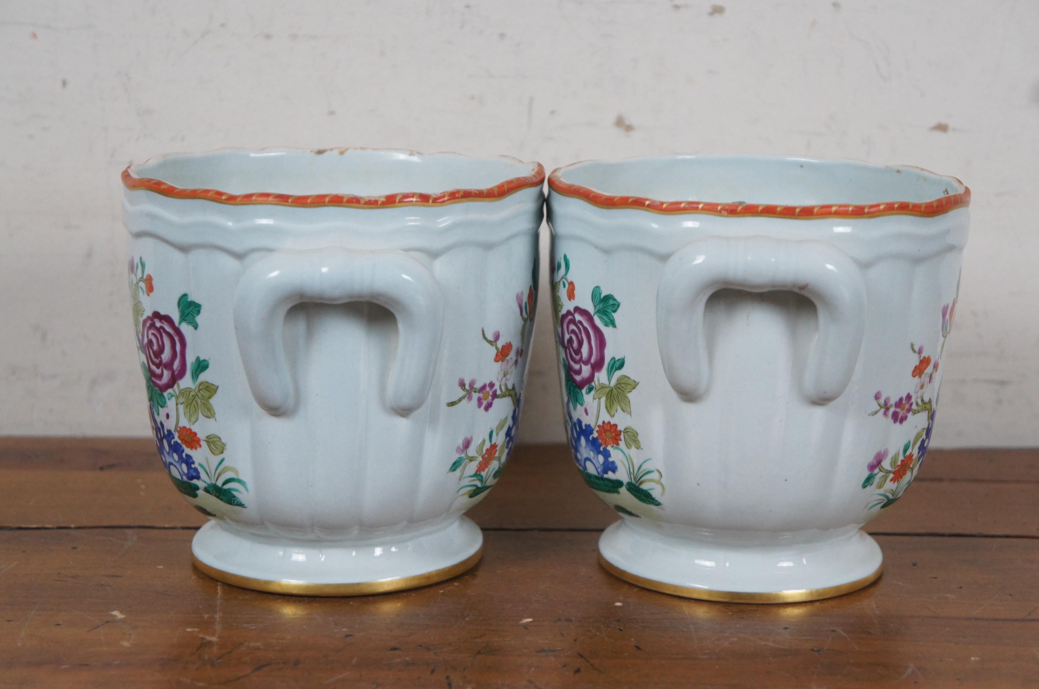 2 Vintage Mottahedeh Lowestoft Reproduction Cachepot Vase Planters 8 po. Bon état - En vente à Dayton, OH