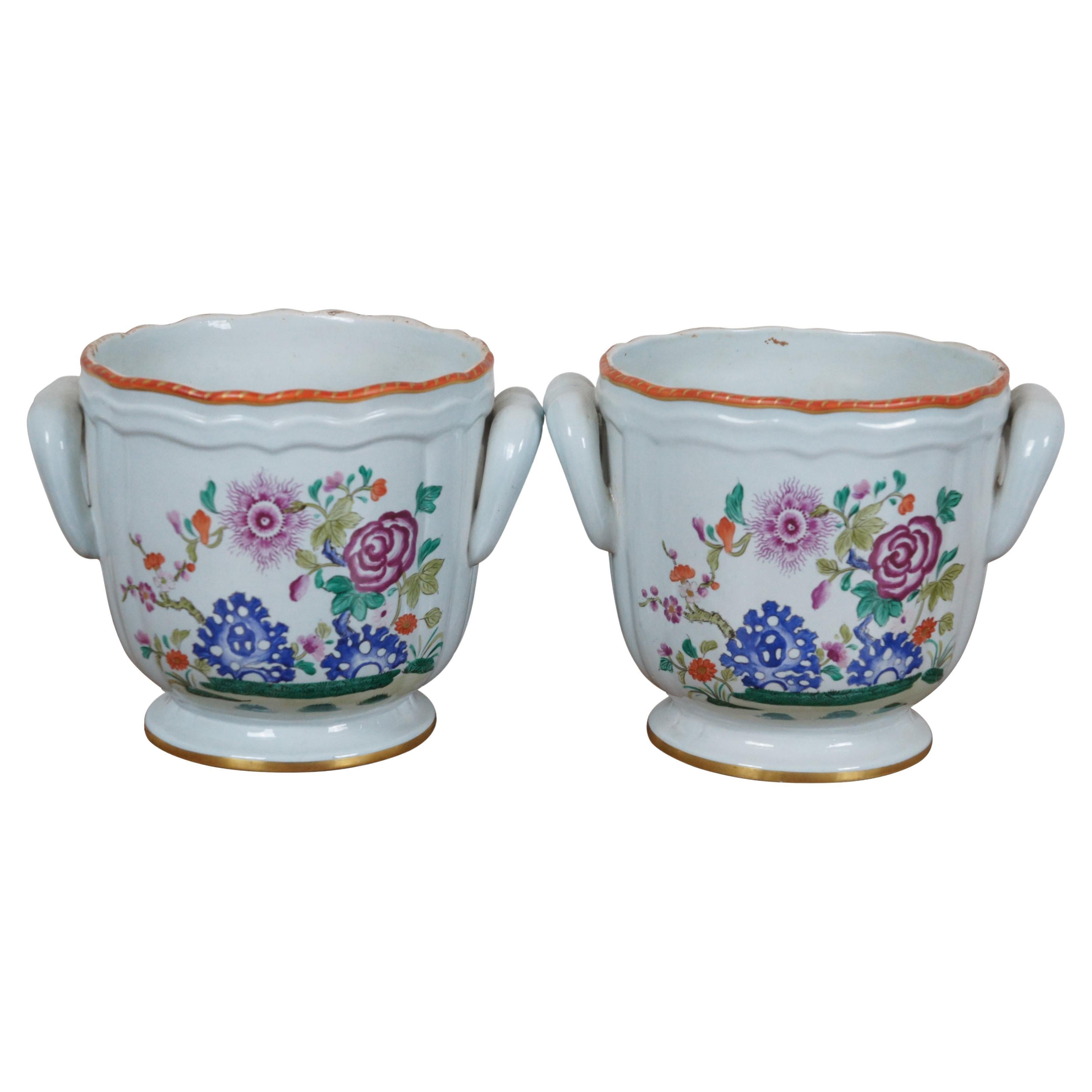 2 Vintage Mottahedeh Lowestoft Reproduction Cachepot Vase Planters 8" For Sale