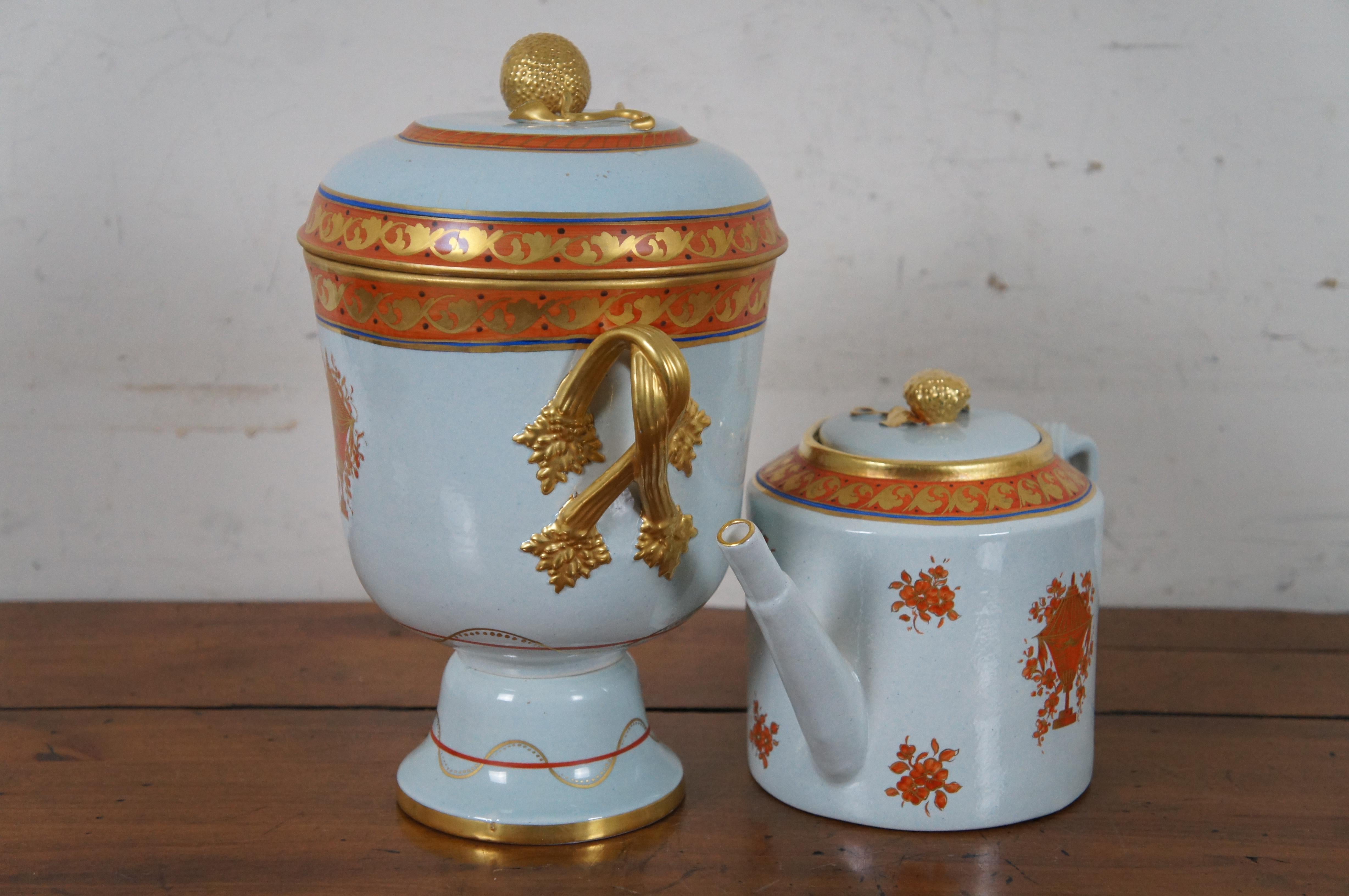 2 Vintage Mottahedeh Lowestoft Reproduction Porcelain Teapot Cachepot 2