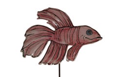 2 Vintage Orcas Island Ceramic Art Pottery Fish Garden Stakes Blue Pink 21"