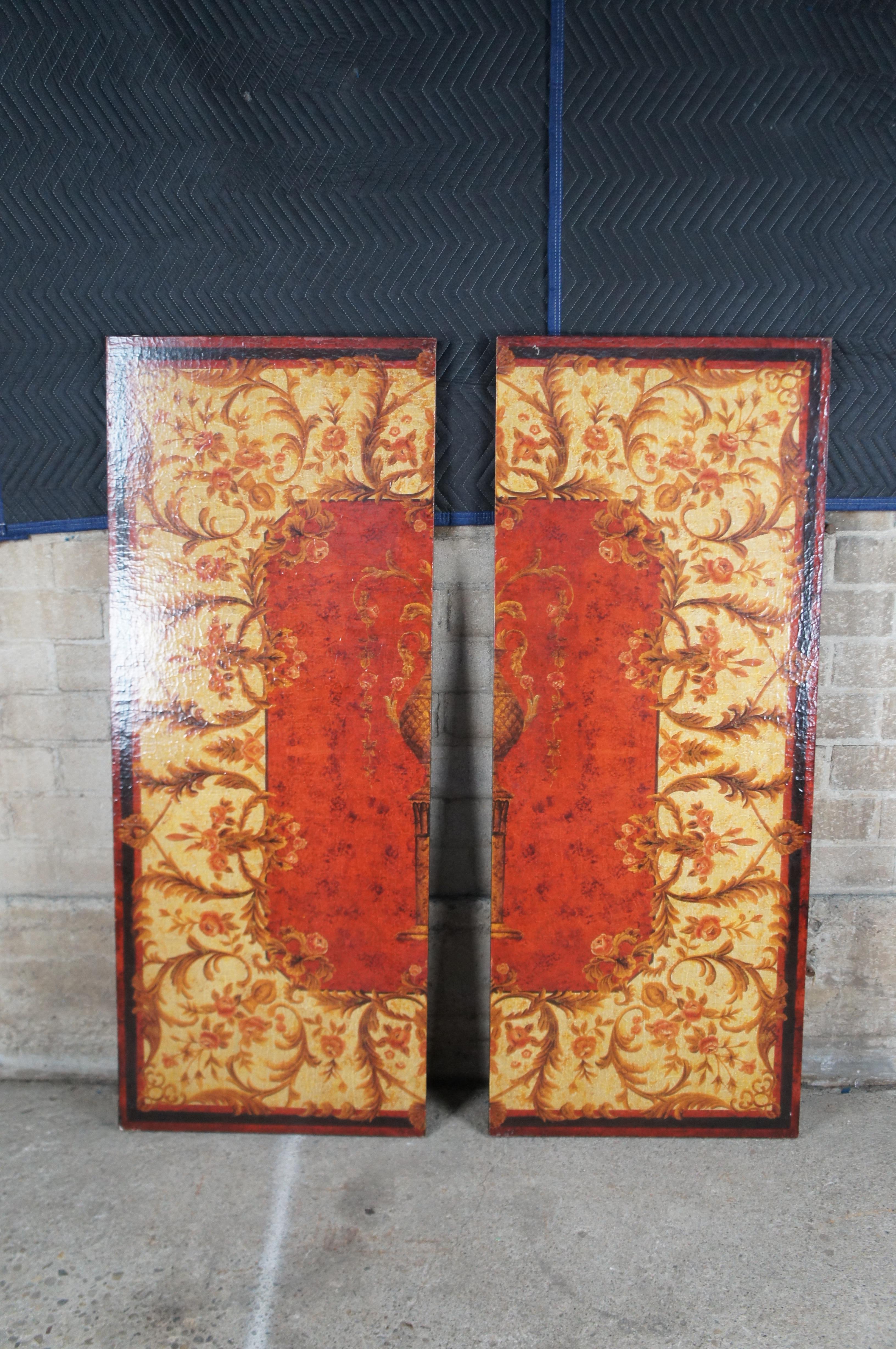 2 Vintage Oriental Red Lacquer Hanging Panels Pineapple Urn Flowers 48 x 60