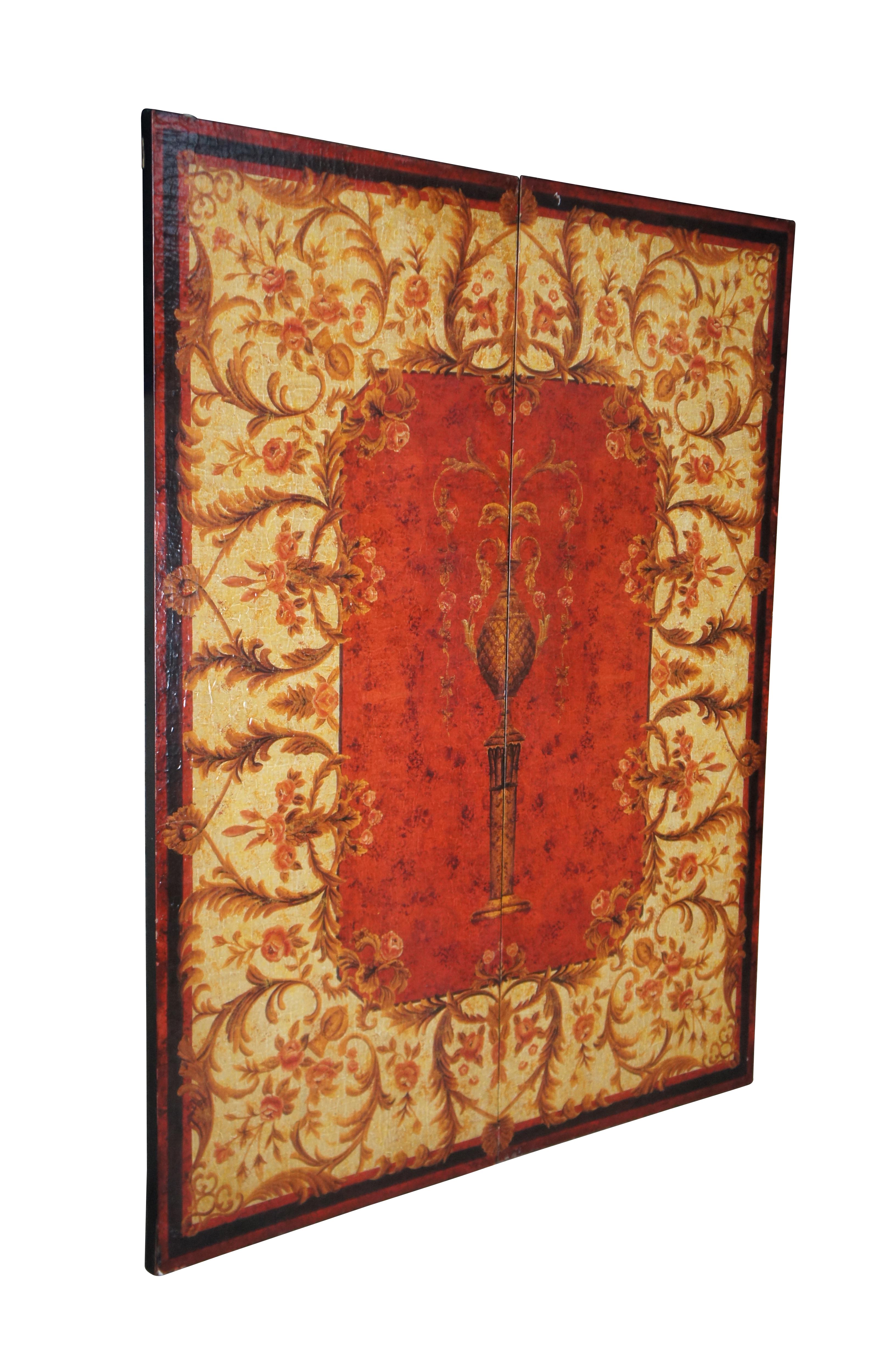 A nice set of oriental lacquered panels. At the center is a pineapple urn on pedestal amidst a background of red, beige and foliate detail.

Dimensions:
48