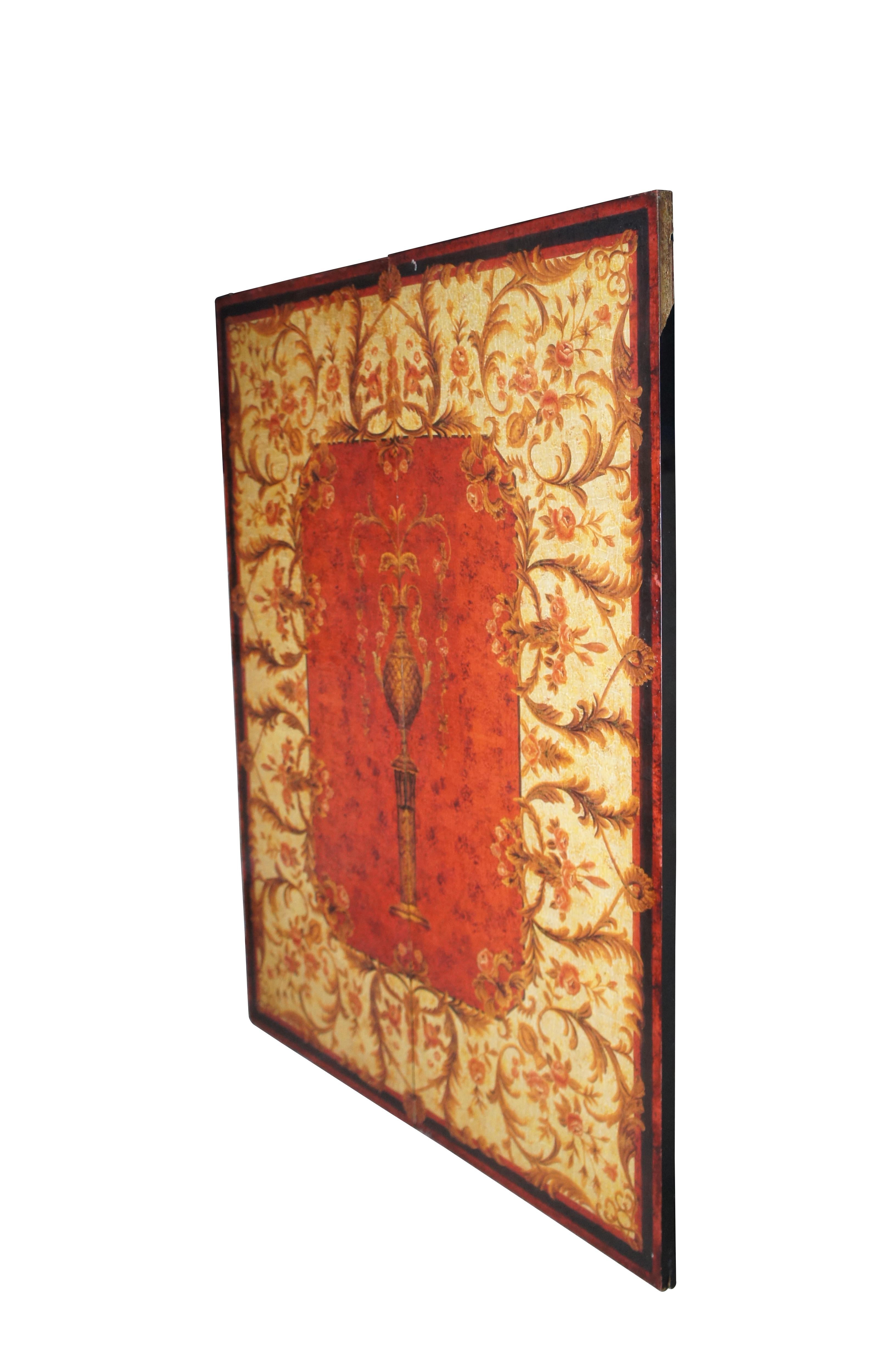 Chinoiserie 2 Vintage Oriental Red Lacquer Hanging Panels Pineapple Urn Flowers 48 x 60