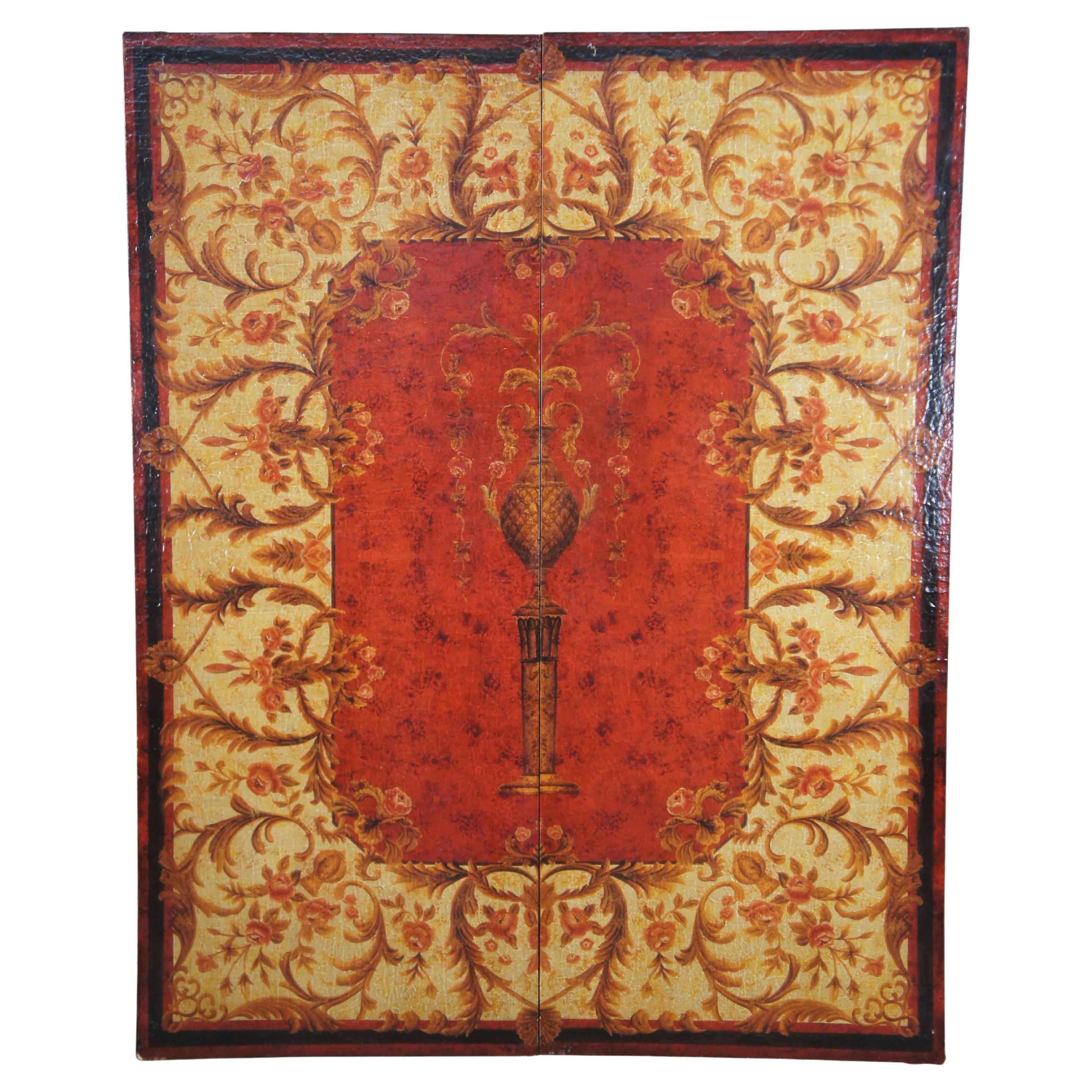 2 Vintage Oriental Red Lacquer Hanging Panels Pineapple Urn Flowers 48 x 60" For Sale