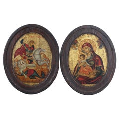 2 Vintage Oval Oak Hand Painted Byzantine Icon Plaques St Michael Madonna & Chil