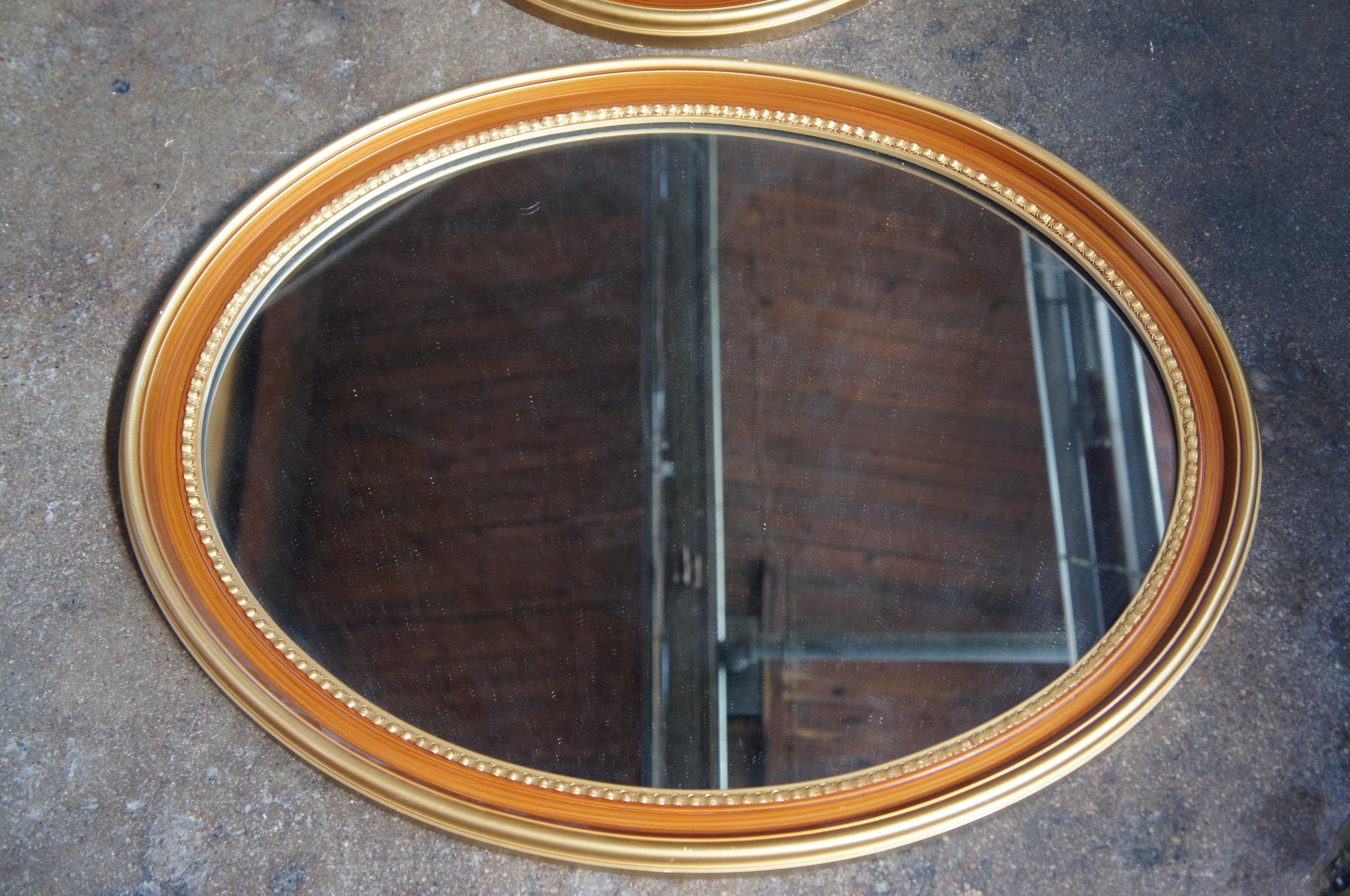 20th Century 2 Vintage Oval Painted Grain & Gold Gilded Wall Hall Vanity Mirrors Pair