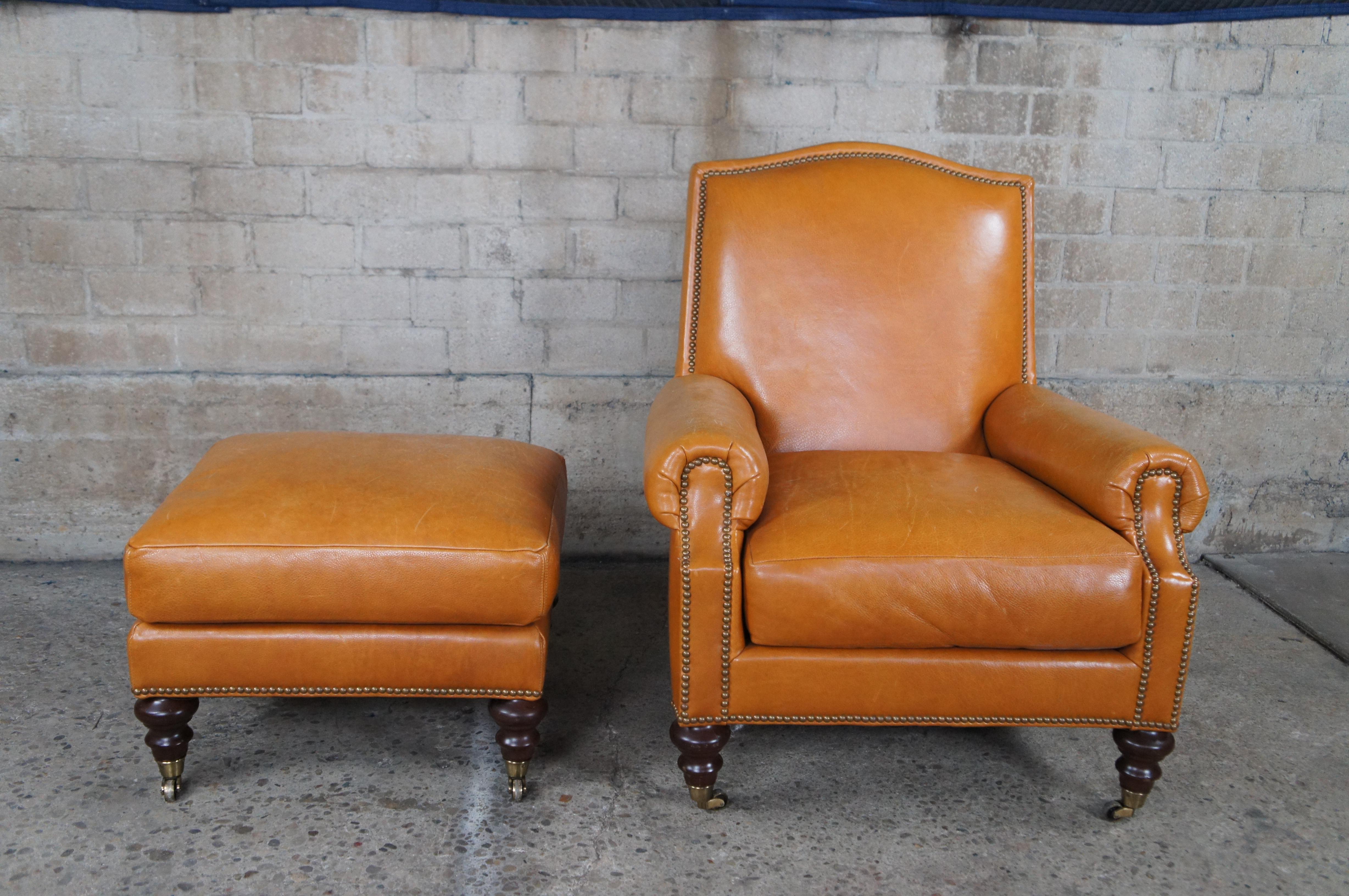 20th Century 2 Vintage Pearson Orange Leather Modern Library Club Chairs & Ottoman Pair