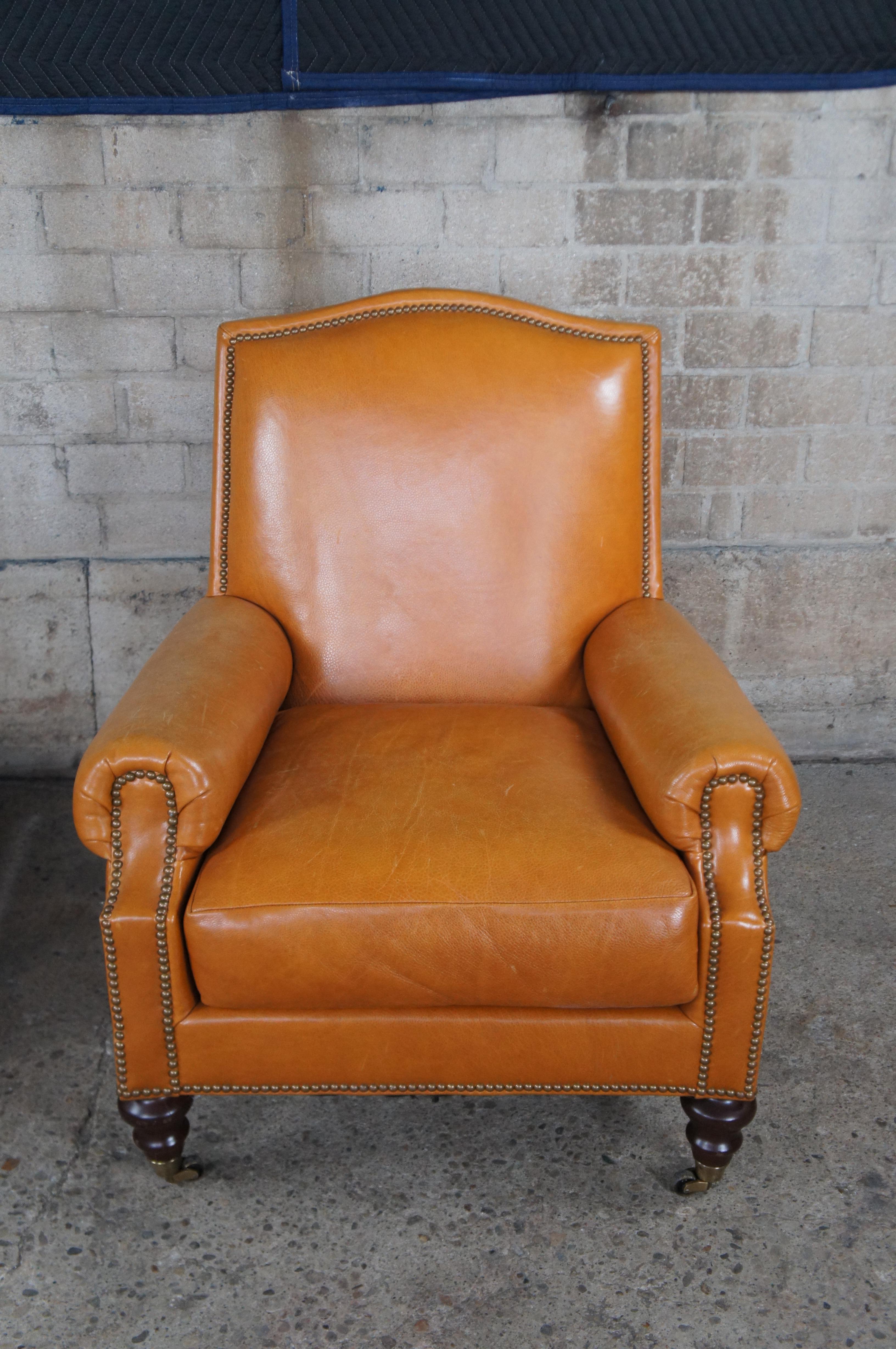 2 Vintage Pearson Orange Leather Modern Library Club Chairs & Ottoman Pair 1