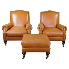 2 Vintage Pearson Orange Leather Modern Library Club Chairs & Ottoman Pair