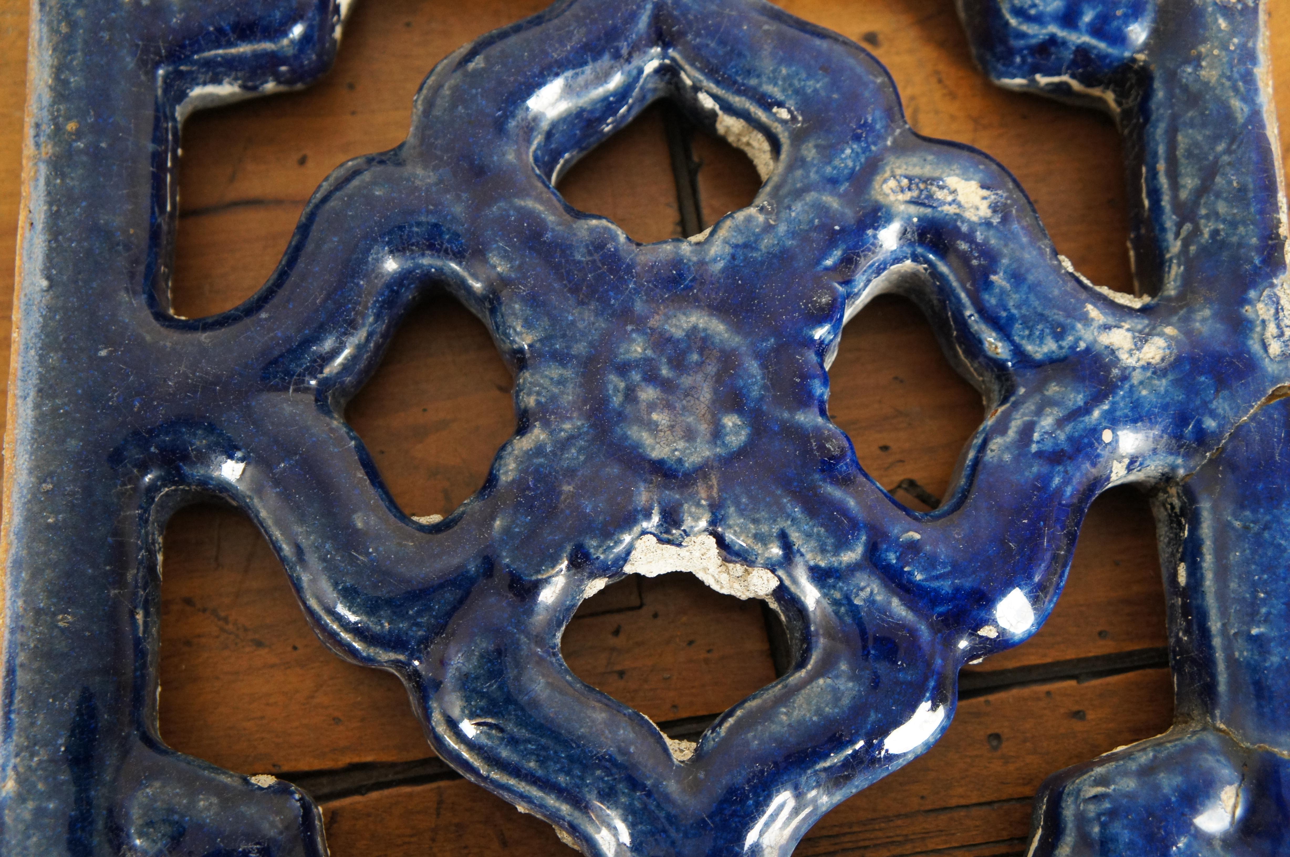 2 Vintage Pierced Ceramic Floral Blue Glazed Vent Grill Tile Wall Decor Pair 10