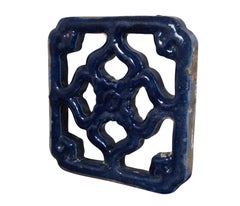 2 Vintage Pierced Ceramic Floral Blue Glazed Vent Grill Tile Wall Decor Pair 10"