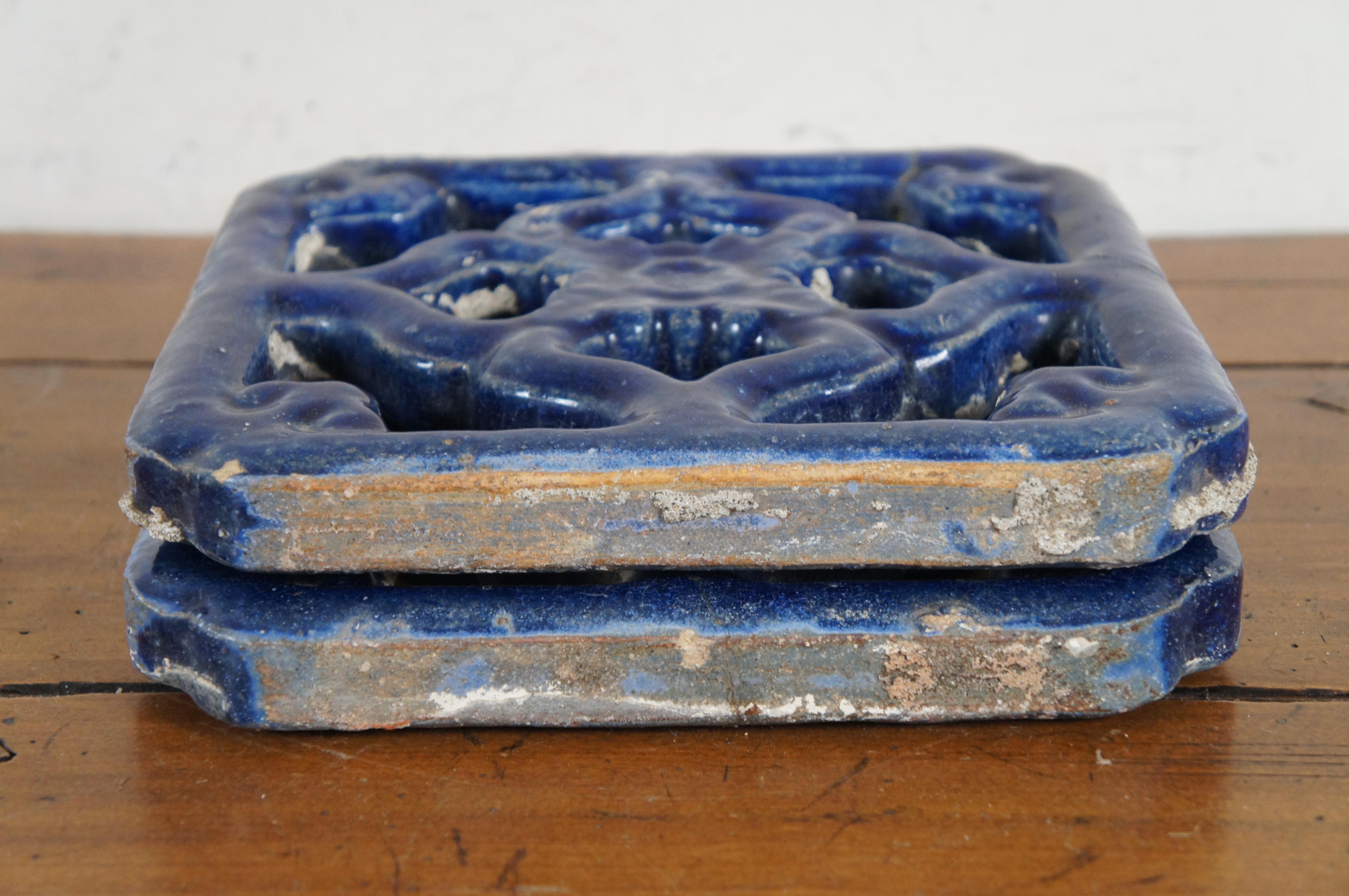 2 Vintage Pierced Ceramic Floral Blue Glazed Vent Grill Tile Wall Decor Pair 10